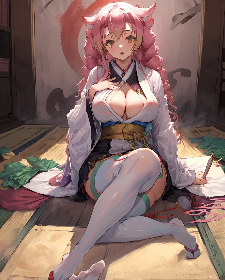 Style 9，1 woman, laying on bed, bedroom, Mitsuri from Demon Slayer, multiple colour hair, pink hair, green hair, long twin tails, green eyes, detailed eyes, revealing kimono, big breasts, mature body, culvage,  illustration，beautiful background，whole body，high angle shot, Beautiful photography pose，profile，view at viewer, high detailed wallpaper, high quality, masterpiece