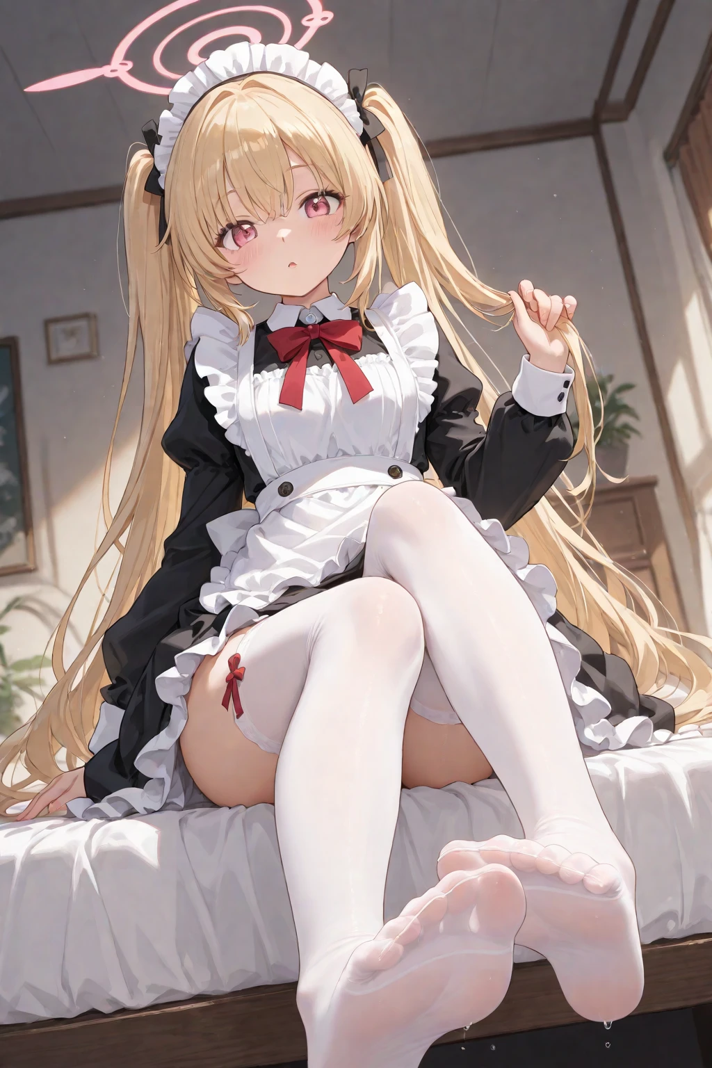 beste-Qualit, Super-High Resolution, 1girl huge large breasts, 独奏, Flemish scarlet, White soft cap, Red Hat bow, blone hair, a side ponytail, red eyes, shinning eyes, fang, red tank top, shortsleeves, Fluffy sleeves, Yellow Ascot, Red frilled skirt, (Crystal wings:1.2), bobby socks, Mary Janes, redfootwear, laughingly, ((smile shy)), looking looking at viewer, face the front, Upper body body, sportrait,Super-High Resolution,Best quality white stockings,Lace socks,Burpee socks,overknee socks,Exudes a cute and shy atmosphere,4K,whitestocking,Plantar of the foot,Foot wrap