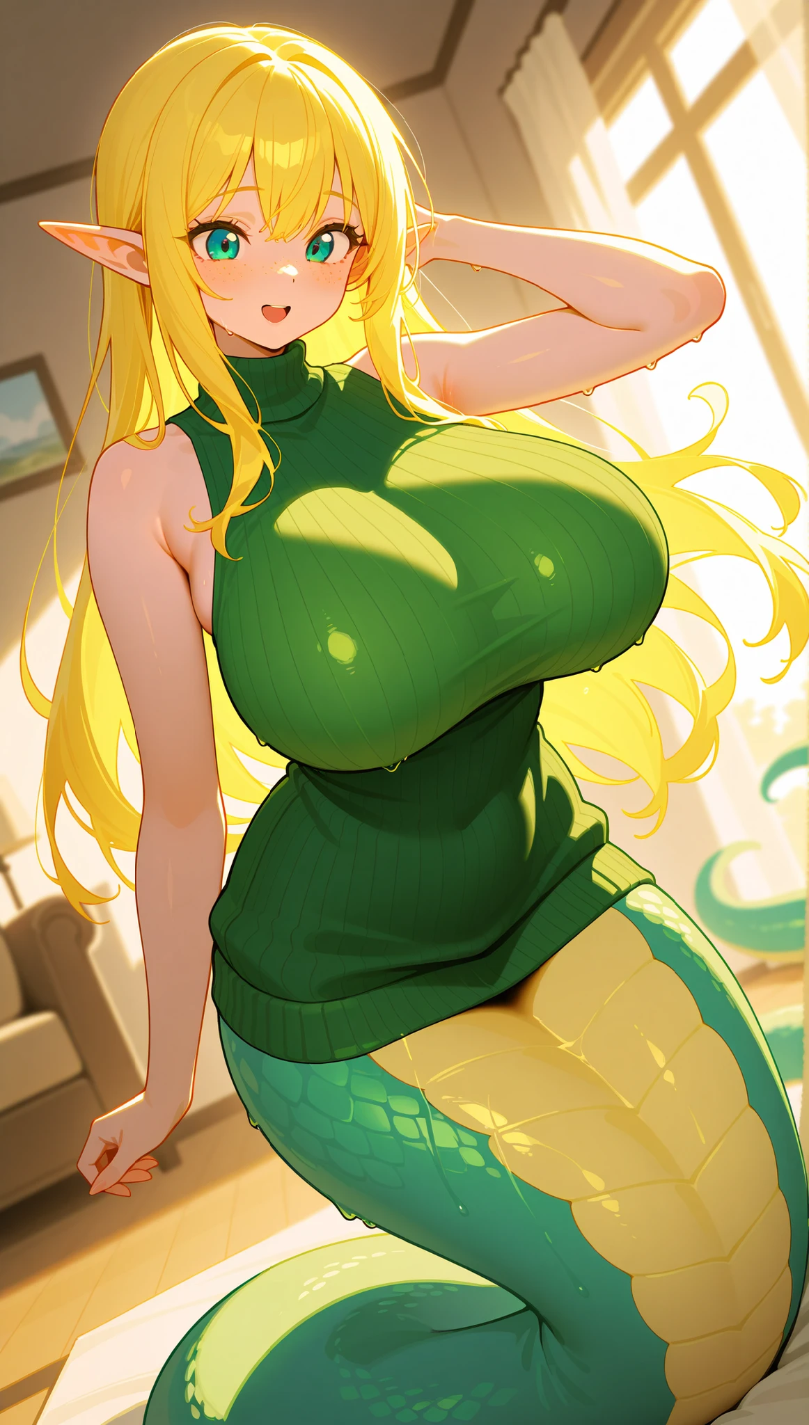 lucoa, 1girl, solo, topless, hanging breasts, black pants, arms behind back, horns, closed eyes, smile, long hair, looking at viewer, bent over, thigh gap, simple background