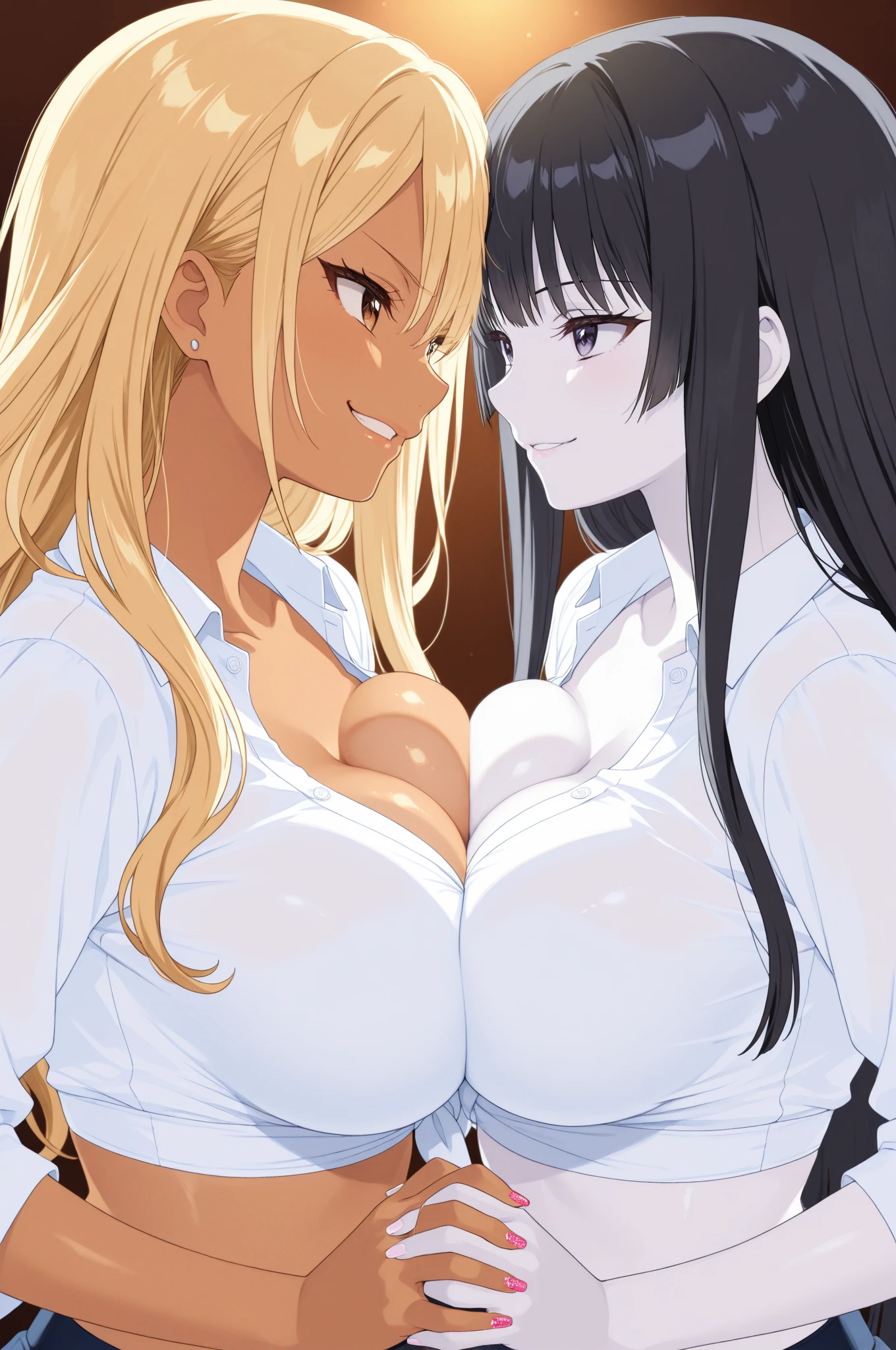 Two Women,Alpha ,Long blonde,gamma,Long Black Hair,((Touching the groin)), ((naked))), Erect nipples,Big Breasts, (adult)
 ((My crotch is wet)),Love Hotel,My crotch is wet,Standing side by side,(masterpiece:1.2), High resolution, Highest quality, 8k,
