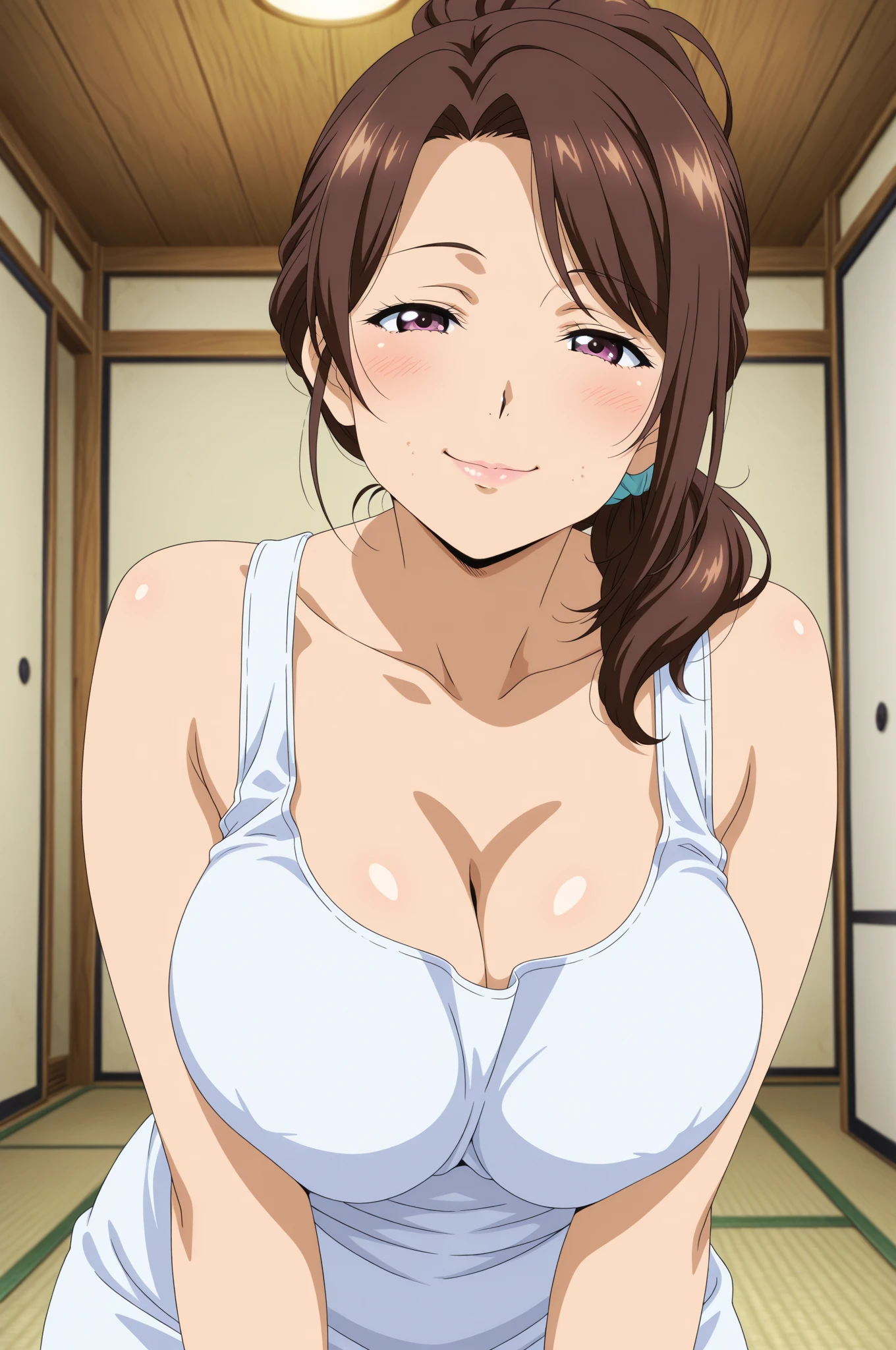 (Night:1.7), Modern apartment, high rise, CityView, Before Window,
Standing at attention,Hands Down,
((Yellow_apron)),cleavage, collarbone, bare shoulders, sleeveless, see-through, 
<lora:Mifuyu_Mamiya_Breast_Family-KK77-V2:0.7>,<lora:more_details:0.3>,
brown hair,purple eyes,very long Hair,Bangs, wavy Hair,Hair Over shoulders, 
1 girl, 20yo,Young female,Beautiful Finger,Beautiful long legs,Beautiful body,
Beautiful Nose,Beautiful character design, perfect eyes, perfect face,expressive eyes,
looking at viewer, in the center of the image,(Upper_body),(Focus on her face),
official art,extremely detailed CG unity 8k wallpaper, perfect lighting,Colorful, Bright_Front_face_Lighting,shiny skin,
(masterpiece:1.0),(best_quality:1.0), ultra high res,4K,ultra-detailed,
photography, 8K, HDR, highres, absurdres:1.2, Kodak portra 400, film grain, blurry background, bokeh:1.2, lens flare, (vibrant_color:1.2)
(Beautiful,large_Breasts:1.4), (beautiful_face:1.5),(narrow_waist),