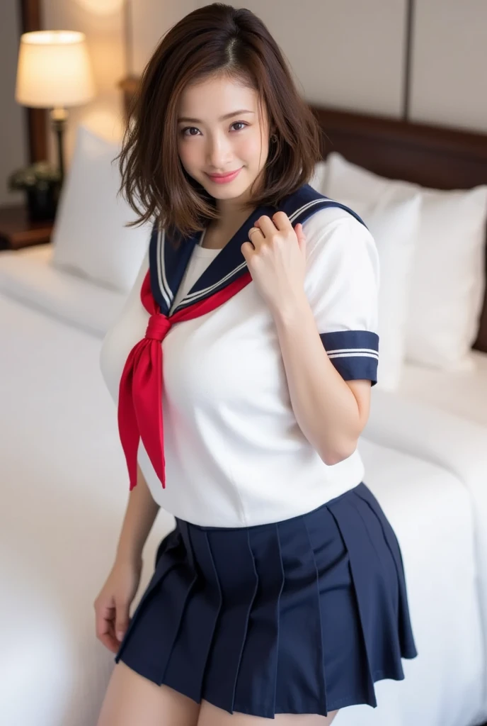 ((highest quaLity, 8K, masterpece :1.4,アニメ)), highest reaL,Sharpness:1.3, Perfect Body Beauty:1.4,super detaiLed face and skin texture,((super reaL,best quaLity)),(soft Lighting),super detaiLed face, fine eyes, doubLe eyeLid,(ass pov),(((onLy 1 gir)))L,((make eye contact with the audience)),((Composition from the front:1.5)),fine detaiL,highLy detaiLed face and eyes, (cute face:1.6), ((NSFW:1.8), my sister,18 years oLd,(SMALL BODY:1.4,huge breasts :1.8,beautifuL areoLa,smaLL areoLa)---//background//---(Inside the room, on the bed, bright room, Large windows, sunLight shines in,MarbLe fLoor)---//Hairstyle//---(BeautifuL BROWN hair:1.2,TWIN TAILE HAIR)----//expression//---(SMILE FACE:1.4),--//Pause//---((Squatting on the bed:1.4)),(open Legs:1.6),((cLose up face:1.6.UPPER BODY:1.2))---//clothing//----((Nude,schooL uniform:1.4,saiLor suit:1.4,BLUE SKIRT:1.2,WHITE SHIRTS:1.2,RED ribbon tie:1.2)),