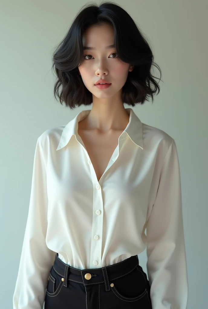 (Highest quality, 8K, masterpiece ), A 12-year-old junior high school student with a young face、 The eyes are large and clear、Black Hair、Wearing a beige mask:1.2、White Button Down Shirt、Glamour thighs:1.2、, Highly detailed face, double eyelid, Strong natural light、whole body、Sexy thighs:1.2、Side angle,Diagonal horizontal angle:1.2、Black 、On the bed、Wearing glasses