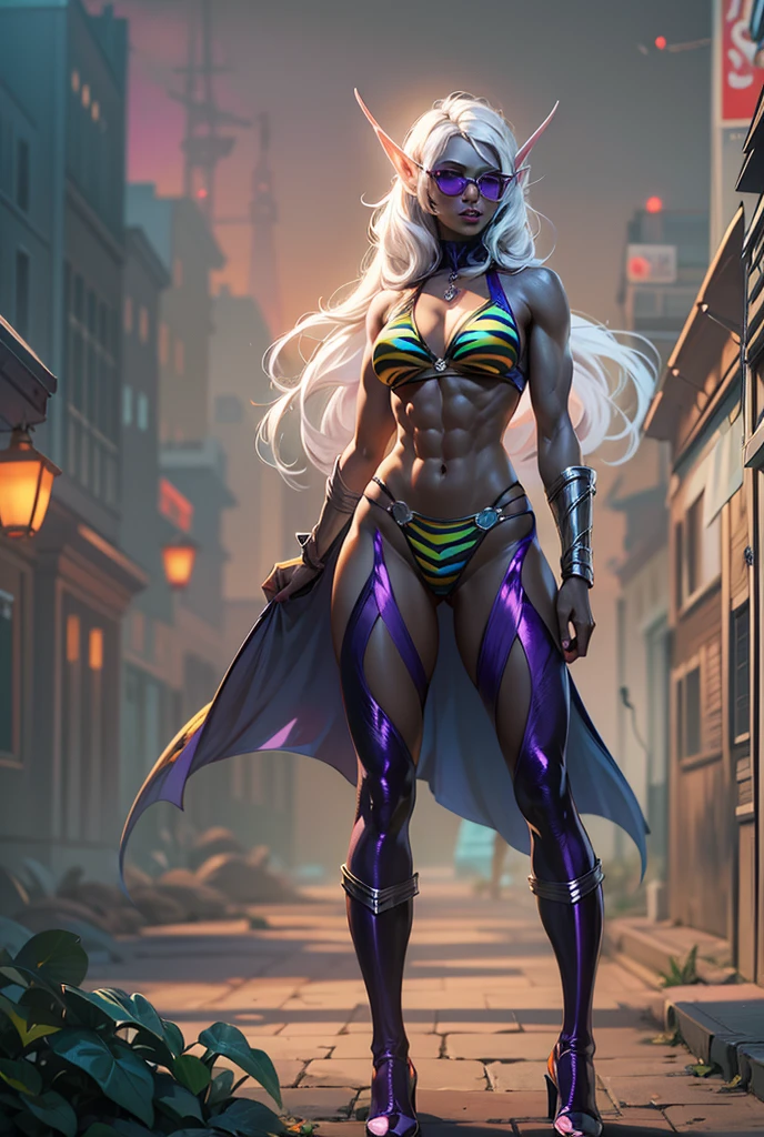Drow Elf in Urban Setting: A female Drow Elf with a strong, athletic body wearing a yellow tiger bikini and red cape, standing in a rainy street. The image should have a cinematic, atmospheric feel with high-quality details.