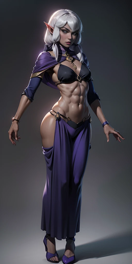 ((plain background:1.2, 1sologirl)) full body standing barefoot, purple blue skin, drow, elf, Madura, Detailed happy face, purple eyes, white hair bob style, gold bikini, well defined six pack abs, Large knockers, black leather choker with gold bell, gold chain necklace, golden bracers, belly button