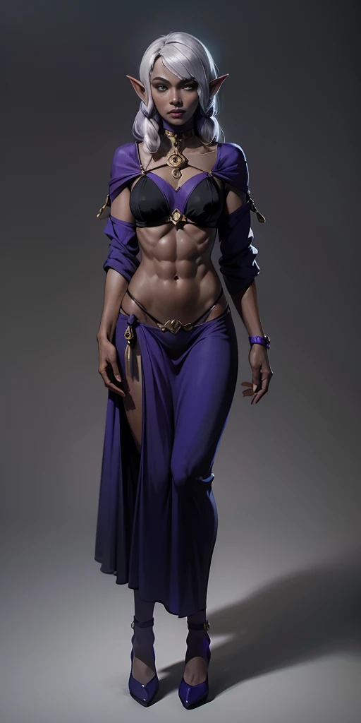 Appearance
Gender: Female
Age: Mature
Race: Drow (elf with dark skin and white hair)
Height: Full-body
Skin: Gray
Skin: Gray
Background: Plain Gray
Eyes: Purple
Attire: Bikini, revealing abdominal muscles
Accessories: Large earrings, ragged rags, chain necklace