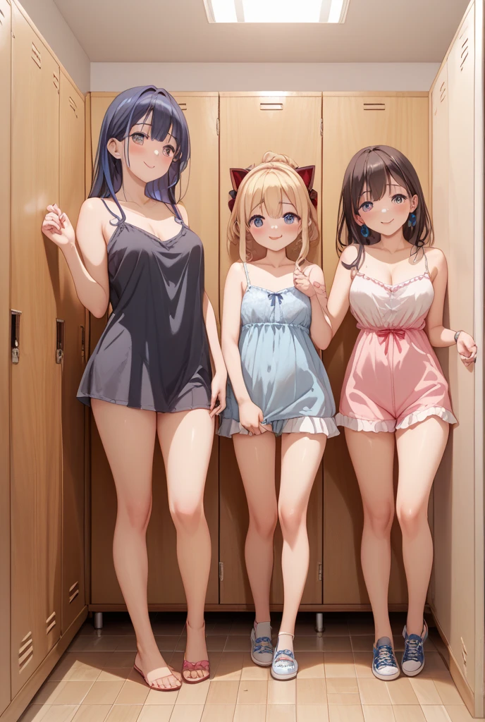 ((highest quality)), ((masterpiece)), (perfect face),(Multiple women changing clothes),(Being spied on naked),embarrassed and shy,?????,pink nipples,Half ?????,naughty underwear,small breasts,detailed body,detailed face,２basic,２book hand,in the changing room,looking at the viewer