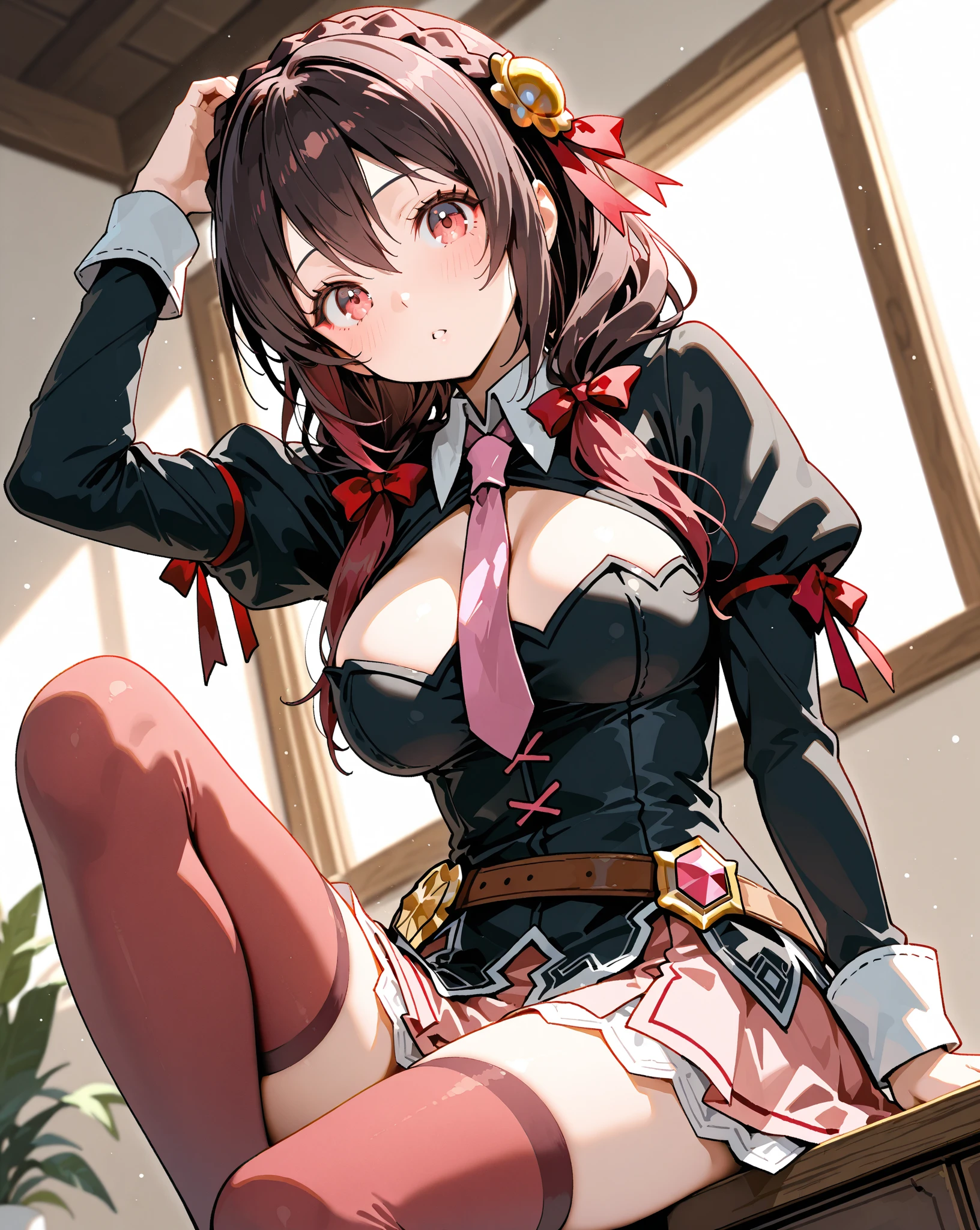 Mirai Kasuga (million live), (highest quality, 8K, masterpiece, Super detailed:1.2), (Lens flare, particles of light, shine), big breasts, smile, open your mouth, masterpiece, highest quality, Super detailed, High resolution, Very detailed CG, official art, idol costume, pink tie,white skirt, off shoulder, ((NSFW)), perfect body,sexy, panty shot,((M-shaped spread legs)), (spread your legs),raise your legs,Panties that dig into the crotch, 