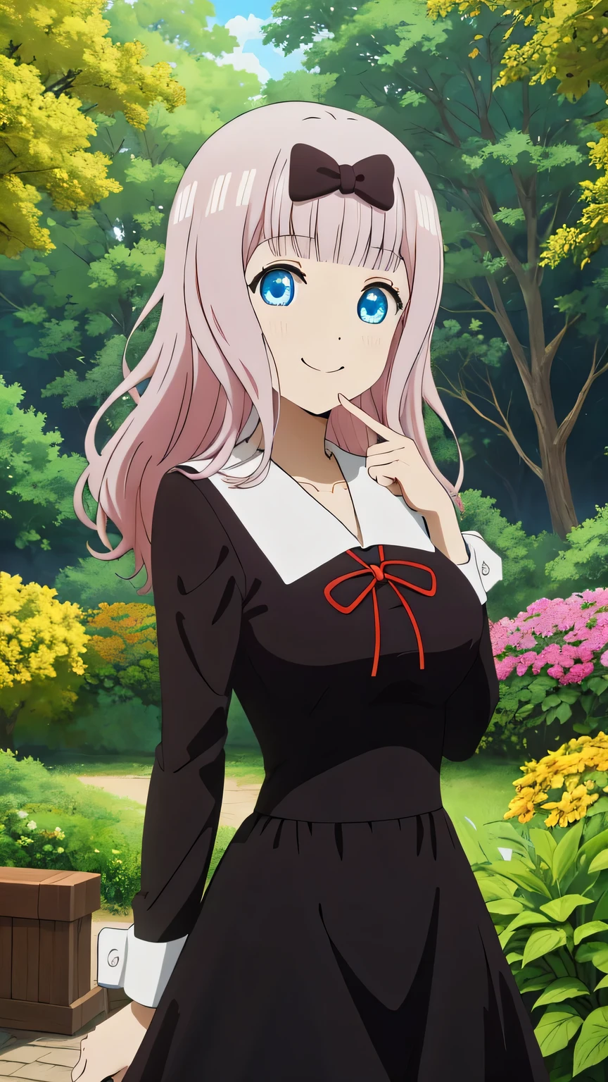 {{{masterpiece}}}, (best quality:1.5), (ultra-detailed:1.5), {illustration}, {{an extremely delicate and beautiful}}, (beautiful detailed eyes:1.6), absurdres, highres, extremely detailed face, 16k, hd, visual anime de uma jovem mulher, extremamente bonito rosto de anime, anime melhor garota, (perfect hands, perfect anatomy), (five fingers:1.1), anime face, Fujiwara Chika(kaguya-sama wa kokurasetai), 1girl, solo, cute face, aachika, long hair, pink hair, hair bow, blunt bangs, sidelocks, black hair bow, blue eyes, (High resolution eyes, Beautiful eyes, Light in the eyes), big breasts, big hips, curvaceous, BREAK, {shuuchiin academy school uniform}, black dress, skater dress, long sleeves, (black sleeves:1.2), collarbone, white sailor collar, collared shirt, red neck ribbon, (black shirt:1.2), black skirt, BREAK, salute, two-finger salute, smiling, one eye closed, happy smile, flushed cheeks, standing, posing, outdoor, mountain, forest, flower garden, (bust shot:1.3)
