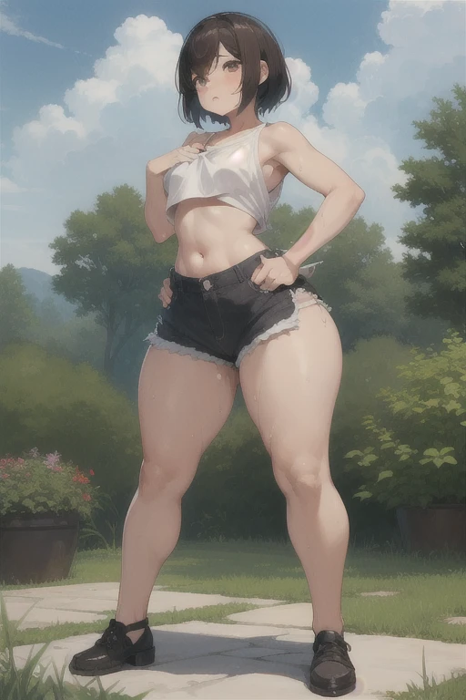 in a park, androgynous, look back, short pixie cut, blonde, blue eyes., tying her hair, ((breasts, armpits)), sneakers, (((full body view))), micro gym shorts, beautiful face, thick eyebrows, tomboyish, baby face