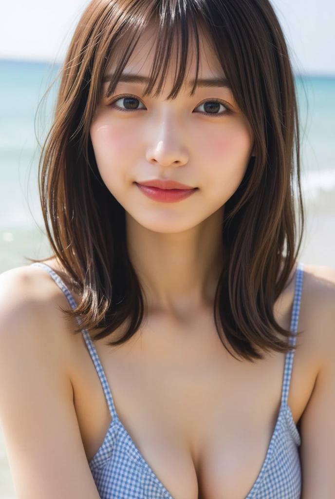 8k, highest quality, masterpiece, super high resolution, (realistic:1.4), RAW Photos, (Film Grain:1.3), One Girl, portrait of a skinny Japanese woman, 30 years old, standing on the beach, a cute face, detailed face, detailed eyes, {short|long} hair, correct body anatomy, wearing a bikini, photogravure