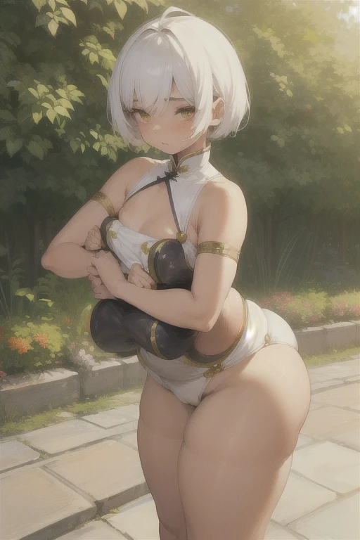 （Enrich your images，Masterpiece-level quality）Beautiful 8K CG artwork，Goddess-like posture，Kneeling exercise，Slim and soft,(Translucent skin,Platinum Brand,bob cuts,the skin is fair and juicy,,,,,,,,:1.3),Outlook Part 1.2x Enhanced silhouette effect,(white short pants,Black knee-high boots,Gold thread edging,Loose and obliquely lowered belt,Open tube top with back,The details are intricate and exquisite:1.1),background slightly blurred,In flowering meadows,Temptation of attractive and voracious feet，droolng,Clothes that show body lines,blush,Open your legs wide,attract,Platinum Brand,red eyes,Wheezing,Trance,Poroli,Soft,- Rubbed violently from behind,show through,Plug-ins,Innocent smile,Dagger in hand,Desert Oasis,Marry the King of the Desert,Delicate veil of white lace,a canopy bed,The fountain,kiss,Kiss on the back,Transparent lace,disheveled clothing,Put your hand on your boobs,Shapely、ssex、have sex、lying back on、Wet pubic area、kiss、the kiss、a couple、Romance、Throw it into the pubic area、Rape