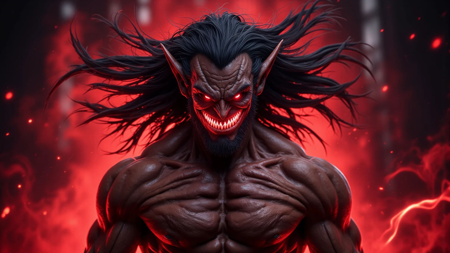 (raw photo, best quality) , (Realistic, photo-realistic: 1.3), Extremely formidable, overall plan, masterpiece, ultra-detailed, high resolution, Best illustration, best shadow, complex, depth of field, horror, scary, frightening, terrifying, only, man 1man(Male), athletic, dirty hair, dreadlocks (scary eye), bad eyes crazy, sadistic smile of crazy monster with sharp teeth, elongated chin, piercing lips, Look at the viewer, black clothes, sleeveless black jacket, blood, sangy, crazy expression, Sharpness, Blade Hold, Volumetric Fog, 8k, DSLR, High quality, (film grain: 1.4), Fujifilm XT3, Darkness, night