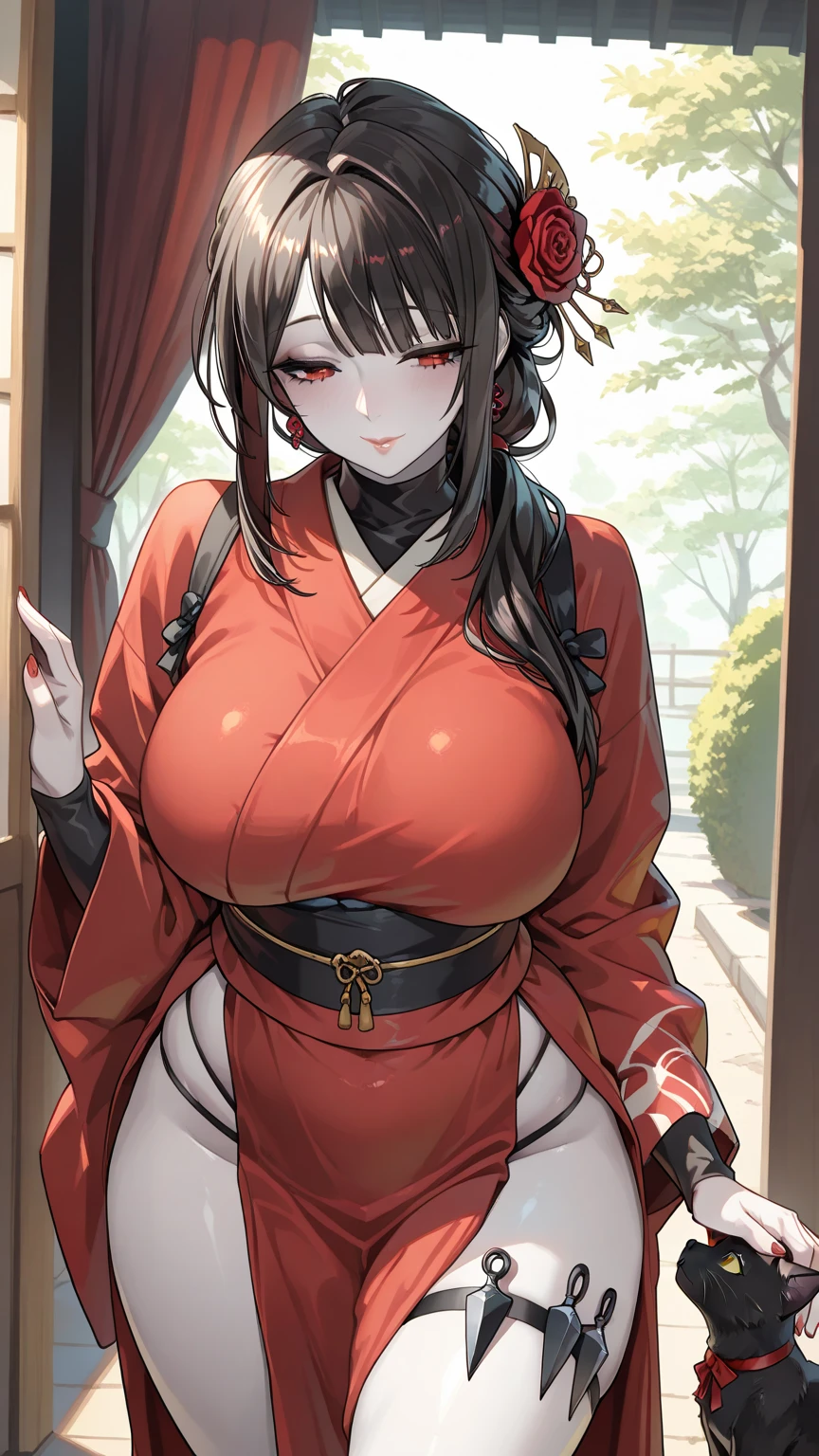 (masterpiece, best quality, perfect face, (beautiful and aesthetic:1.2), extremely detailed, highest detailed face), (beautiful whitedevil, (red eyes:1.2), third eye, (flawless pale skin:1.3), fake breasts, (narrow waist), (thicc thighs), wide hips, long legs), (slender body:1.2), ((night:1.4)), (wears kimono), (sexy pin-up pose:1.3), (high quality, hyperrealistic, CG, unity, 4k),