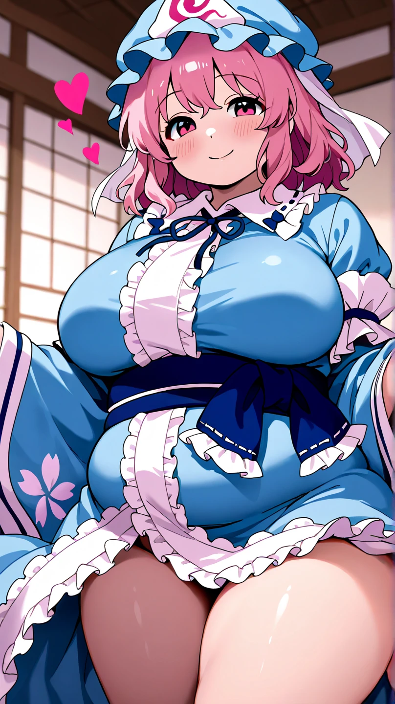 nsfw, masterpiece, perfect lighting, best quality, perfect eyes, absurdres, 8k, (absurdres), sitting, wariza, (from above), (from front), 1girl, (huge breasts:1.3), cleavage, ilulu_maiddragon, red hair, red eyes, twintails, long hair, horns, smile, ;D, looking at viewer, fur, (pink kimono:1.2), thighhighs, upper body, tails, traditional japan, japan architecture