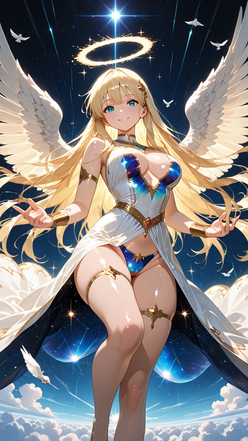 A priestess in a traditional white bikini,Valkyrie,Angel Wings,belly button,Side bust,Complex,Particles of light,Thighs,Shiny skin, 口を開けたsmile、White teeth、Plump、Perfect lighting, One adult woman, Pelvic curtain looking at the viewer, smile,(masterpiece), (Highest quality), maternal, Porcelain-like skin, Honey Blonde Hair, Very long straight hair