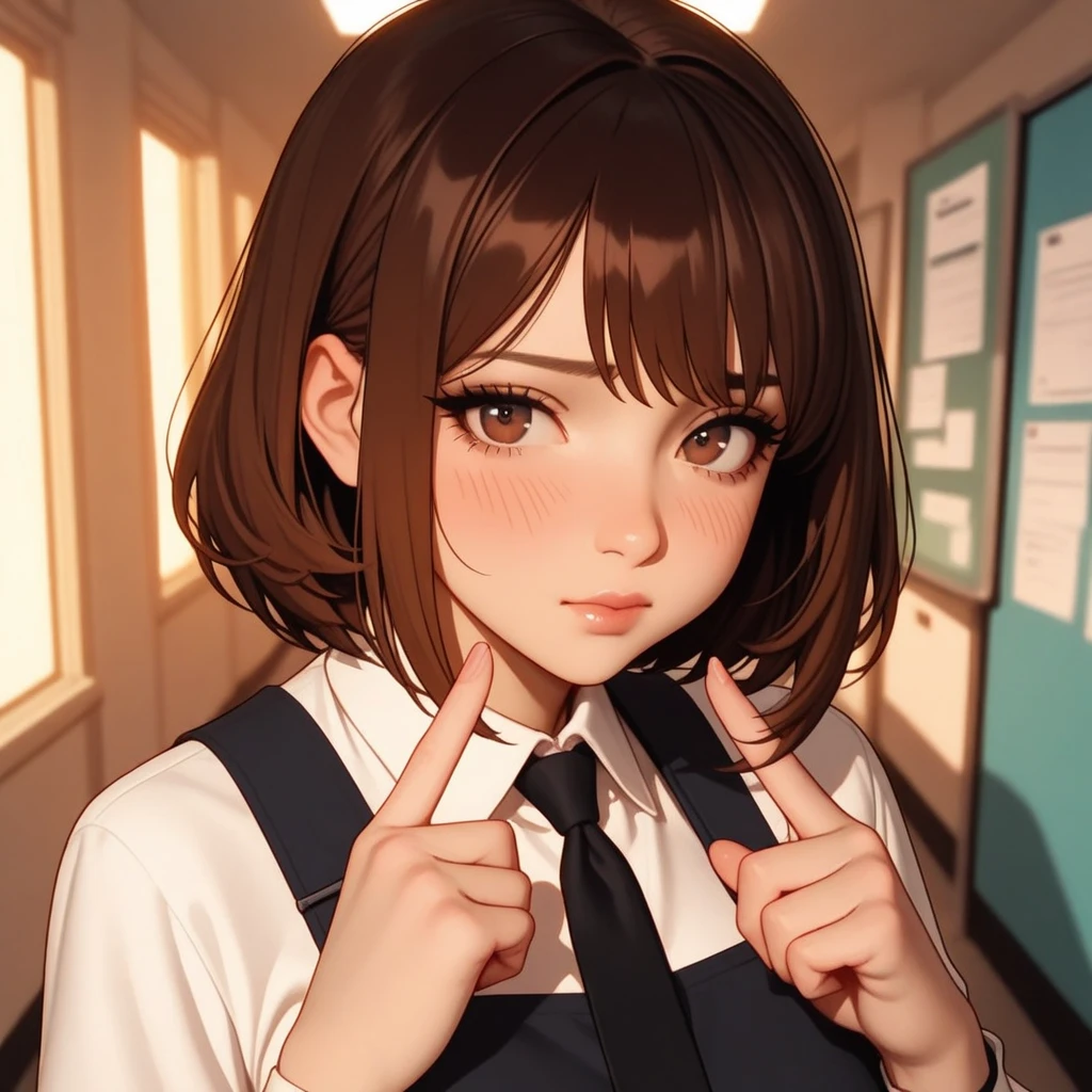 Brown hair, cute , gray skirt, gray coat, white shirt, fair skin, blue eyes, open mouth, long hair shawl, , mobile phone on