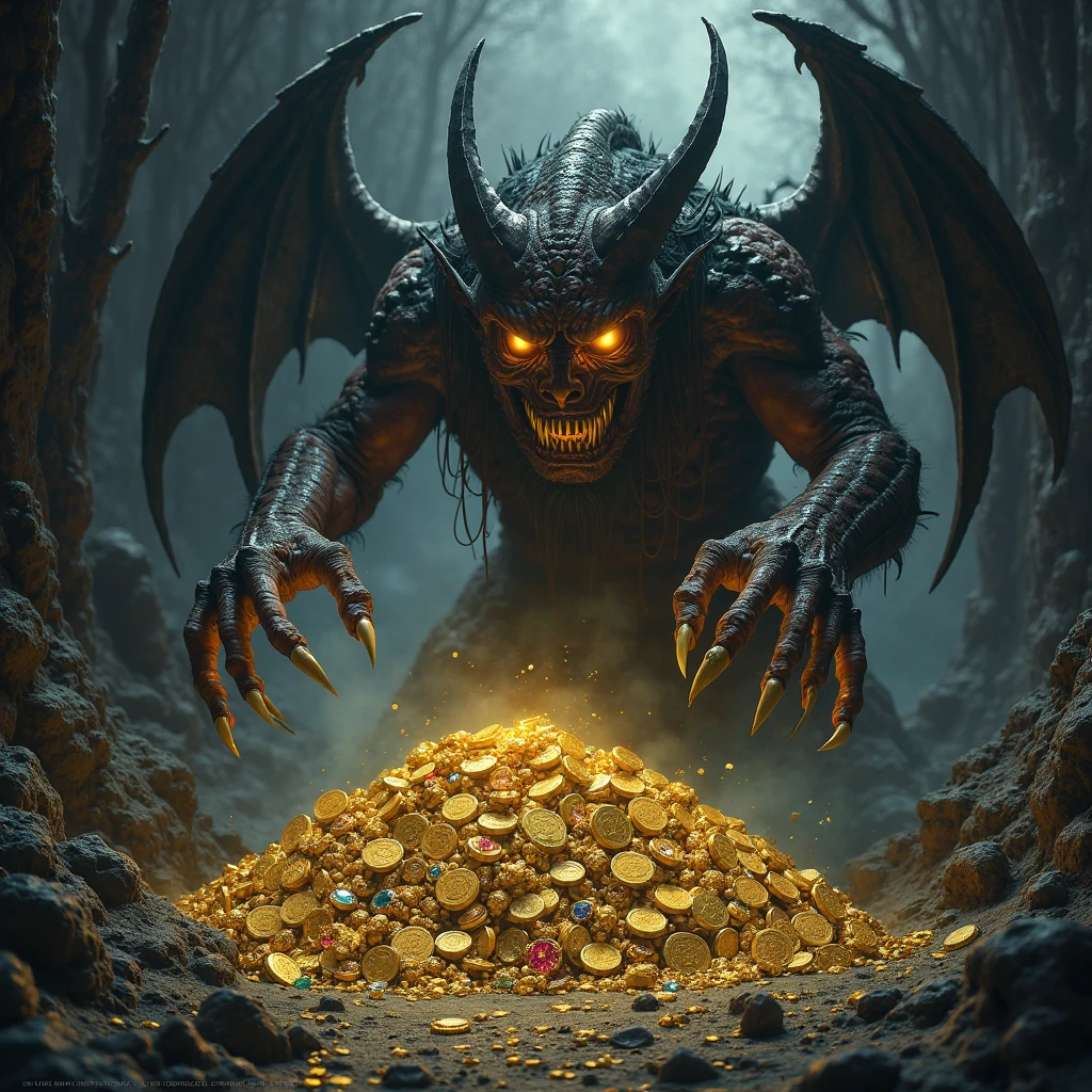 a demonic monster disguised as a treasure in a dark dungeon, highly detailed, ultra-realistic, hyperrealistic, 8k, photorealistic, dramatic lighting, chiaroscuro, gothic horror, moody atmosphere, deep shadows, eerie, unsettling, menacing presence, twisted, unnatural, surreal, nightmarish, masterpiece