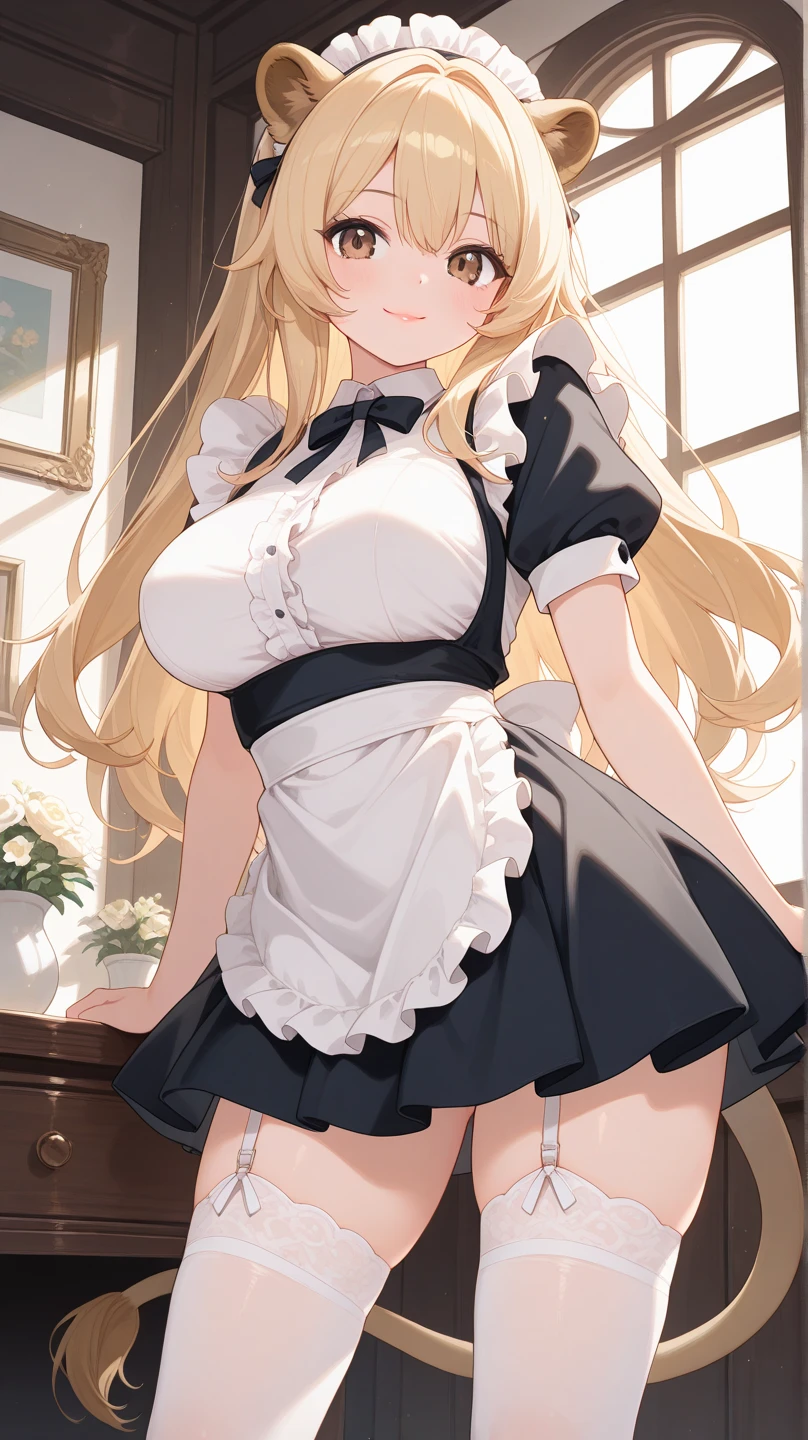 Beautiful girl in maid、(Top quality illustrations:1.2), (pretty girl:1.1), (1 girl、17 years old、Top quality illustrations:1.2), (1 girl、Kind eyes、blue eyes:1.2)、Blonde、Semi-long hair、Mature、Large Breasts、smile、(Black and white maid costume、White knee-high socks) 、sexy、White background、Simple Background