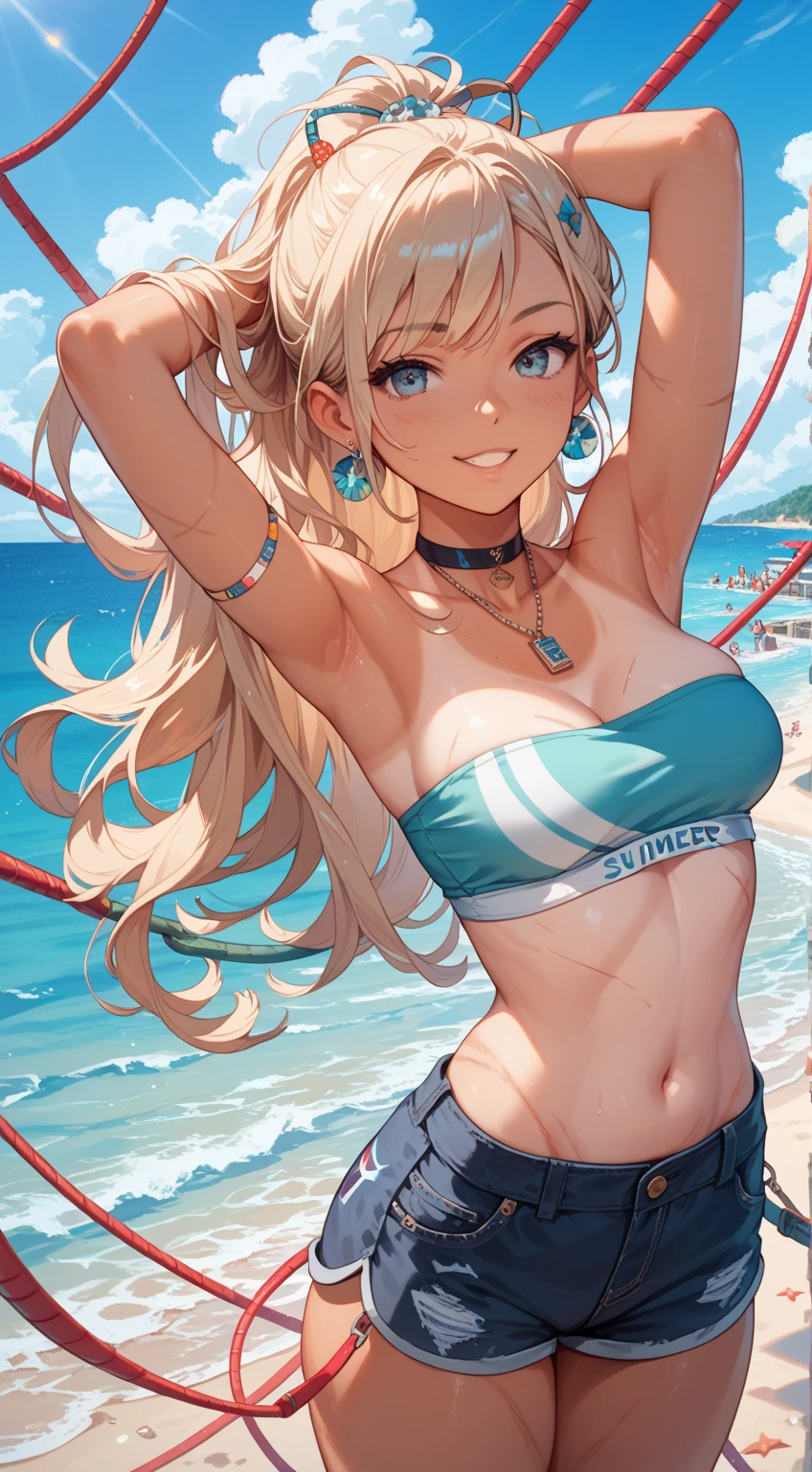 a girl in a bikini with a bikini tan, blushing and looking cute. she has long hair and looks directly at the viewer. she is wearing see-through clothing that shows off her breasts. her clothes are wet, giving her a seductive appearance. the image is of the highest quality, with perfect pixels and a resolution of 4k.