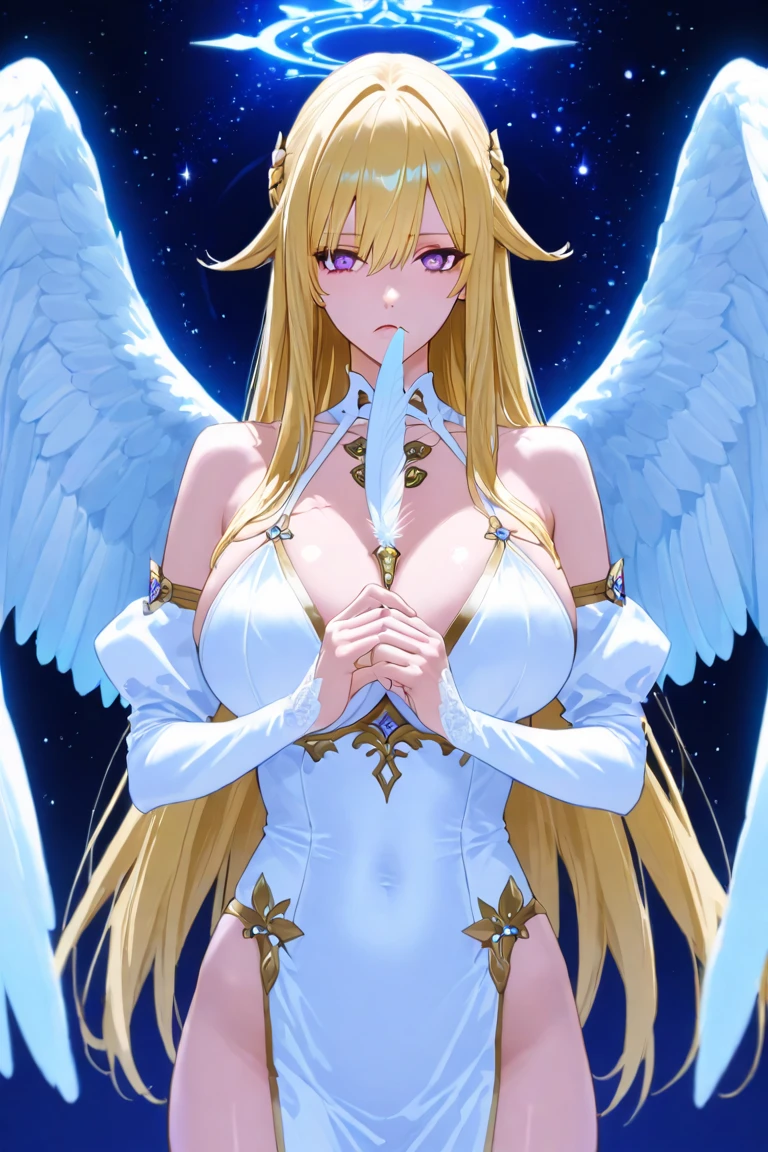 One girl, angel, girl with wings, leaves crown, beautiful, wearing a long white dress, blonde hair, very long hair, gorgeous, beautiful, pure, turquoise eyes, sharp face, sharp nose, perfect skin, smooth skin, white skin, almost pale skin tone, somewhat big breasts, in a forest at night