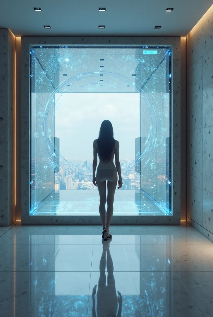Aerial view. Estilo: arte conceitual. A cena: Futuristic cityscapes with all-glass towering skyscrapers, 1drone. High-resolution OLED GUI interfaces in the building, The open-air all-glass string sky bridge is filled with transparent data visualization infographics that show it all, from weather patterns to traffic flow, (((Matrix cascading code))). Colors are saturated and vibrant, com rosas e roxos quentes dominando o horizonte, vortex back light. Matrix style, at night, extreamly dark sky, (1girl, solo), photo realistic, (large-breast:1.2 slim body, cleavage), (((sling top, extreamly short pleated miniskirt exposing panty))), (((matrix style black sunglasses))), (((((slightly leaning forward, aiming at camera with a (short gun), looking at camera))))), (very low view), (((half-body (thigh level) medium shot))), (cinematic lighting).