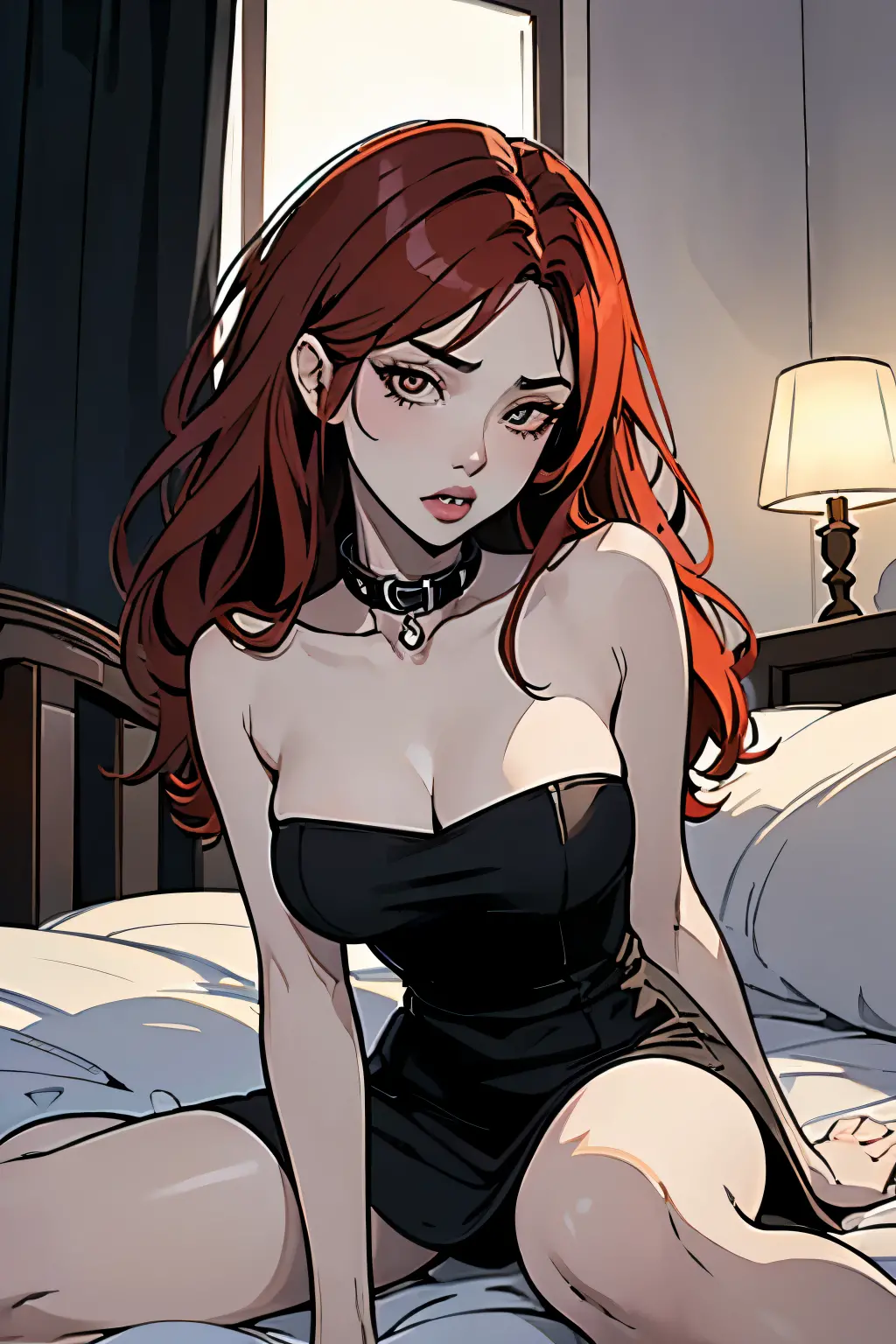 (masterpiece, best quality), 1girl, red hair, medium chest, gothic frill dress, pervert face,