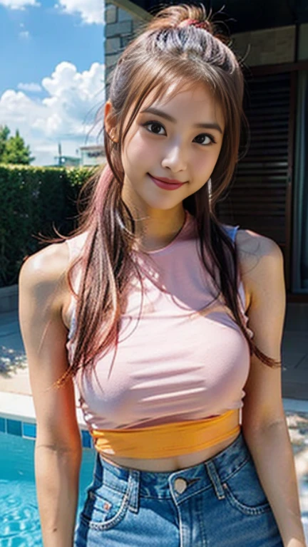 <lora:TWGIRL2:1>,(8k, RAW photo, best quality, masterpiece:1.2), Hight detail TAW colour photo, professional photograph, (realistic, photo-realistic:1.37), ((best quality)), cinematic light, (finely detailed face:1.2), (masterpiece:1.5), (best quality:1.2), (bokeh:1.2), 35mm:1.25, wide angle, high angle:1.2, glamour shot, portrait photo, shot from her front, close up:1.2, 1 girl, 19-year-old, solo, looking front, white skin, cute, detailed skin texture, glistening skin, detailed beautiful and delicate face:1.3, thick padded athletic sportswear Crop Top in theme (black and pink):1.2, big natural breast, narrow waist, detailed hair with bangs, detailed long messy hair:1.3, random hairstyle, Smiling:1.3, she feels hot and sweating:1.4, workout in the gym room,