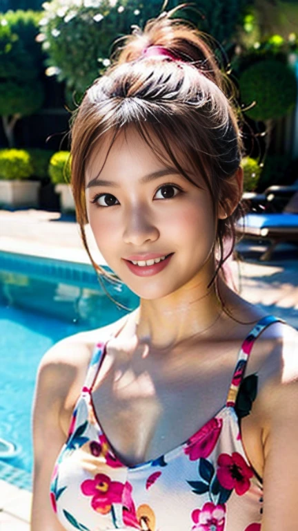 Highest quality, masterpiece, Ultra-high resolution, (Realistic:1.4), (Facing portraits) RAW Photos, 1 Girl,In all Fourdium chests)),20-year-old,((One piece swimsuit)),((Ponytail and hair tie)),((Looking up at the audience)),Realistic,((Luxury hotel poolside)), Image Media Chest)),((Smiling with teeth showing)),(