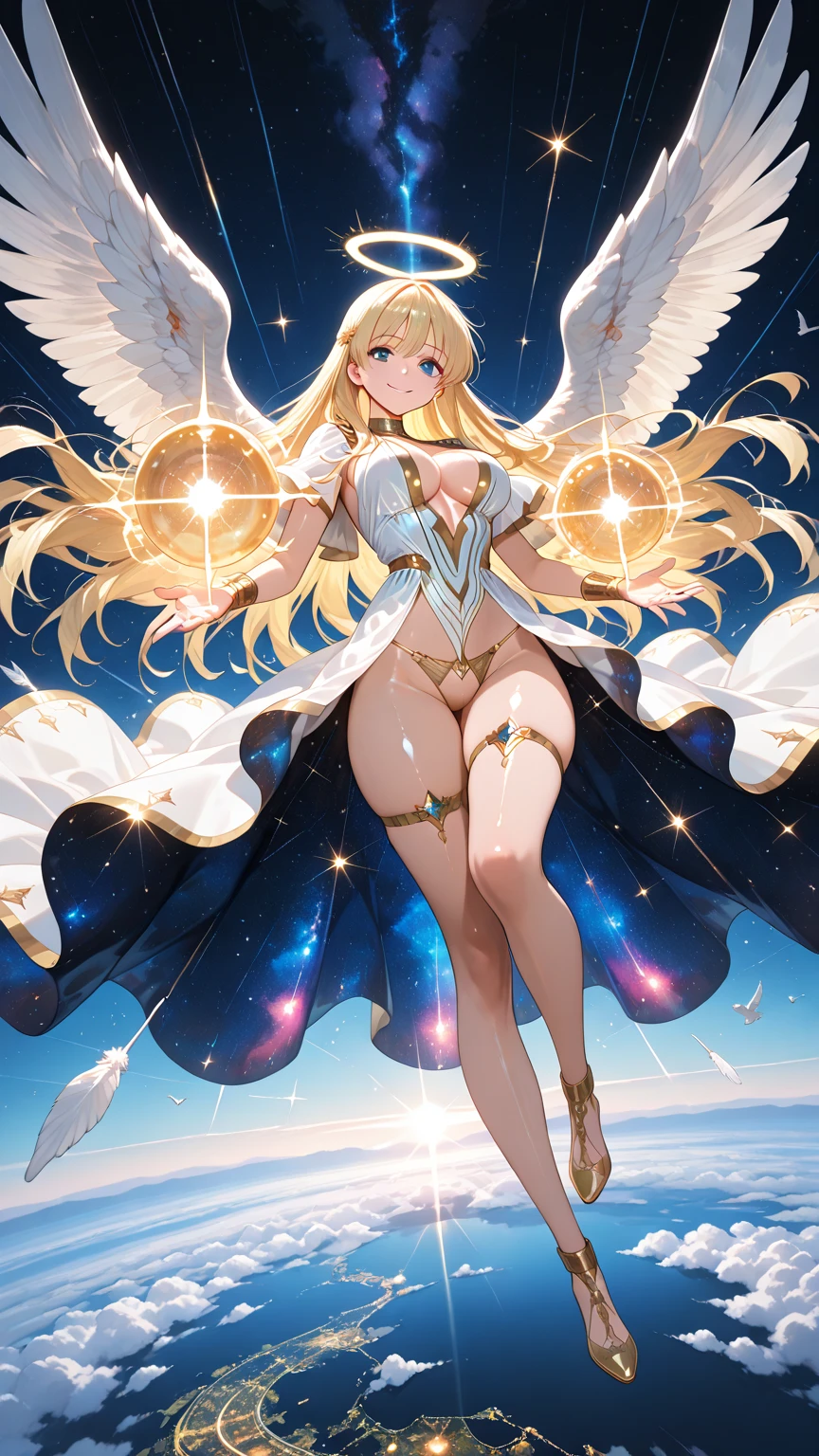 A priestess wearing a white bikini,Valkyrie,Beautiful standing posture、Walking towards me、Healing、Angel Wings,belly button,Complex,Particles of light,Thighs,Shiny skin,Big Mouth、Long legs、Perfect lighting, One adult woman, Open Mouth Smile、(Highest quality), maternal, Porcelain-like skin,Shiny and simple blue eyes、Very long honey blonde straight hair