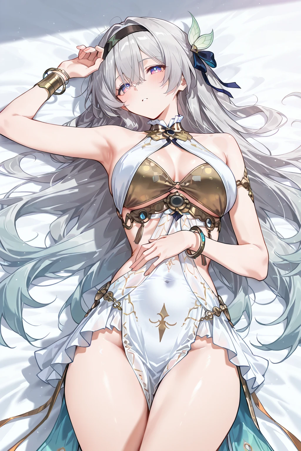 masterpiece, best quality, ultra-detailed, 1girl, solo, SFW, long silver hair, silver eyelashes, yellow eyes, silver earrings, small breasts, wet armpit, (chain:1.1), (gold:1.4), (gold trim:1.4), (curvy1.1), (shyness:1.3), (soft:1.2)