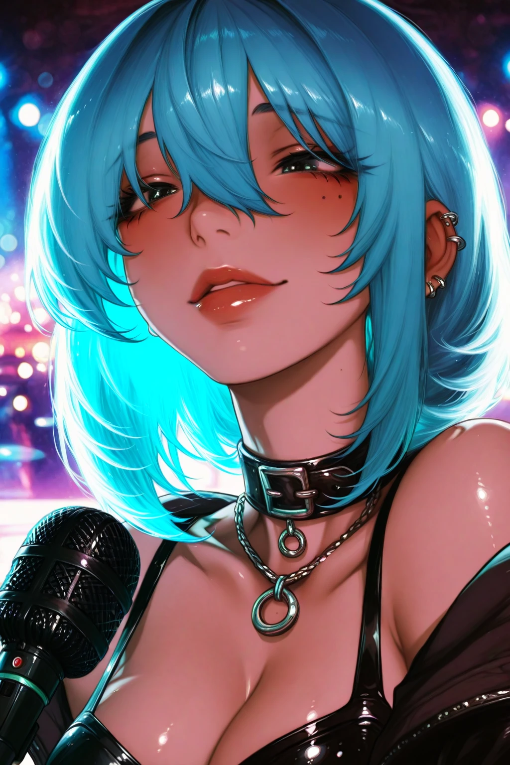 (masterpiece, best quality:1.4), 1 girl, 独奏, Anime style, Pink pupils, Blurred eyes, Drinking champagne from a goblet, Pink lower lip, Cyberpunk style makeup, Short silver asymmetrical hair, Asymmetrical short hairstyle, Long bangs on one side, Color highlights, Huge breasts, Black off-the-shoulder evening dress, Solid color background.