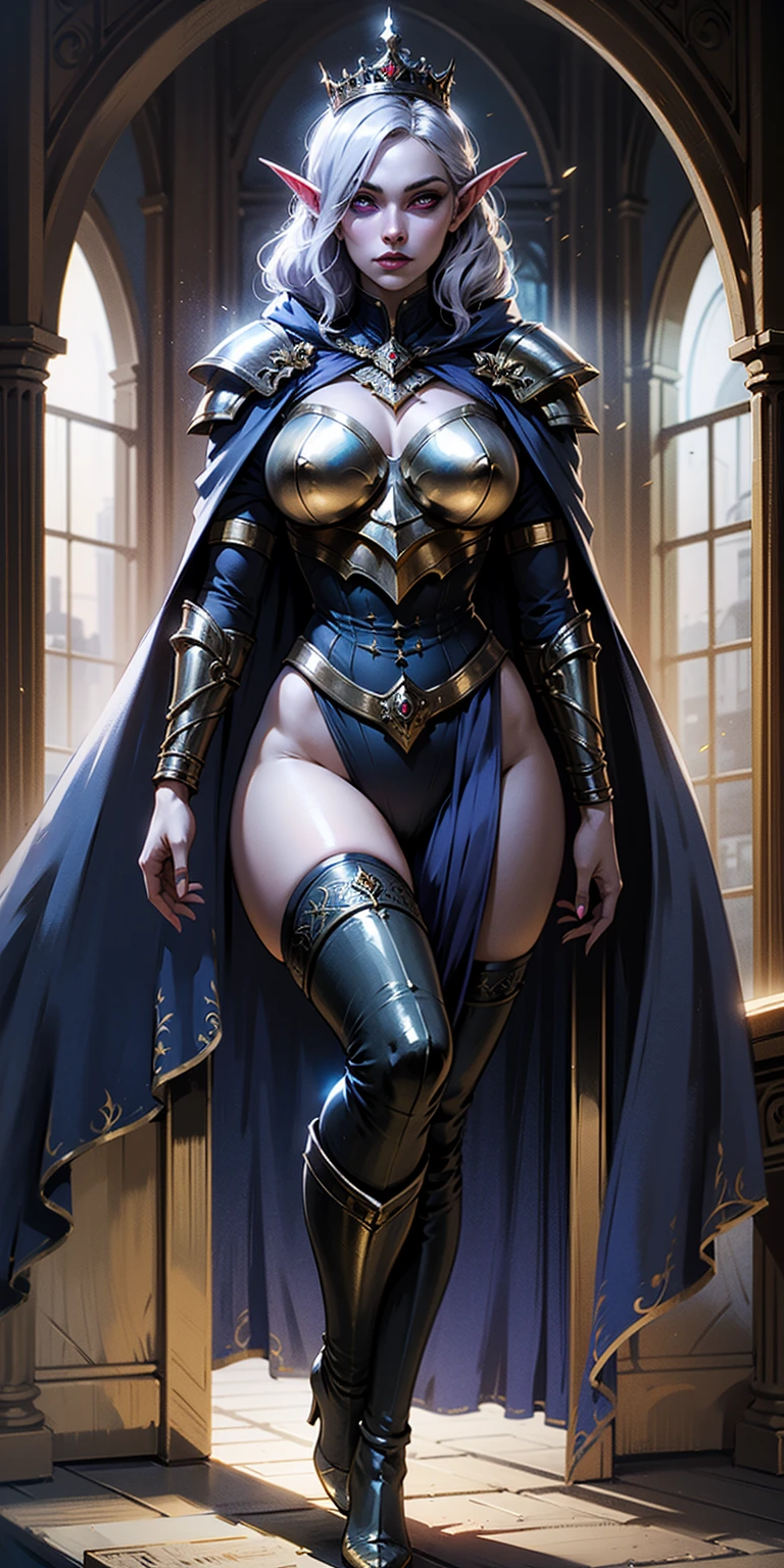 ((best quality)), ((masterpiece)), (illustration), (cinematic), (volumetric lighting), mature 35-year-old woman, anime shading:1.5, 1girl, dark skin, face looks like Rihanna, afro puffs hairstyle, two-tone hair, black hair, blue hair, fat girl, giantess, thick thighs, wide body, wearing stylish royal guard armor, futuristic design, standing, wet and shiny, ororo munroe likeness, dark lips, wide nose, african-american facial features, long hair