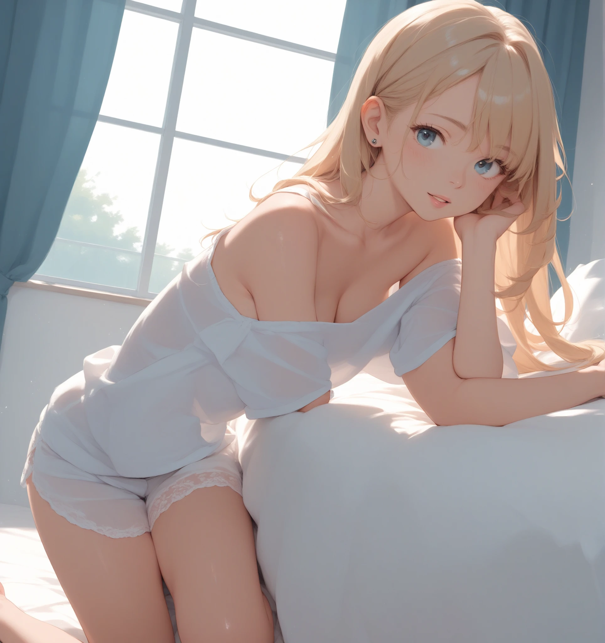 1 girl, Princess Zelda, blonde hair, short hair, blue eyes, soft, soft light, delicate, frills, vagina, dripping wet cum, (small breasts, exposed breasts, nipples), frilly, thighhighs, filigree, choker, ruffles, blue and white, bed, (flirty, soft smile, gentle smile, spread legs), laying on bed, messy hair, excited, fuzzy cat ear headband, laying down, sleeping