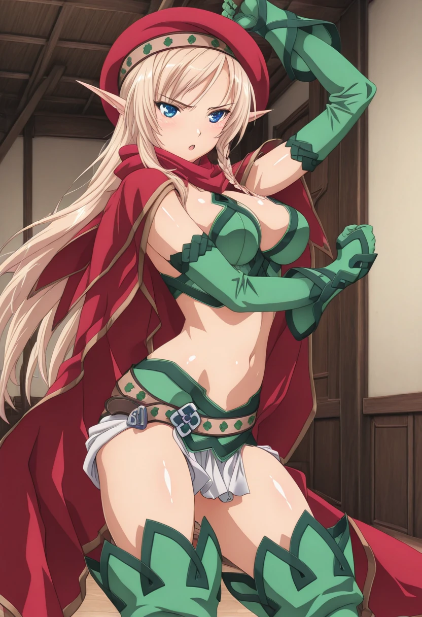 (masterpiece, best quality:1.3), Soso, 1girl, solo, looking at viewer, wide hips, mature female, closed mouth, seductive smile, large breasts, cowboy shot, thick thighs, <lora:add_detail:.45>, <lora:Soso Artstyle Lora:.85>, alleyne, elf, side braid, beret, cape, skirt, thighhighs, green footwear, thigh boots, midriff, cleavage <lora:queensblade_alleyne:.8>