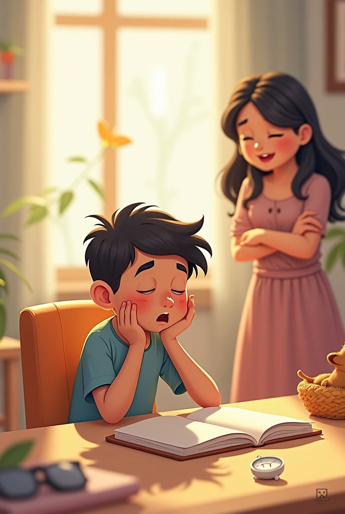 A tense scene in a modern home study room. An 8-year-old boy named Mingming is sitting at a desk with an angry expression, tears in his eyes, and a pencil clutched tightly in his hand. The desk is cluttered with unfinished homework, and the boy is frustrated, pushing his books aside. His mother, a 36-year-old woman with a concerned expression, stands nearby, trying to remain calm while addressing him. The atmosphere is emotionally charged, reflecting a mother-son conflict over homework.