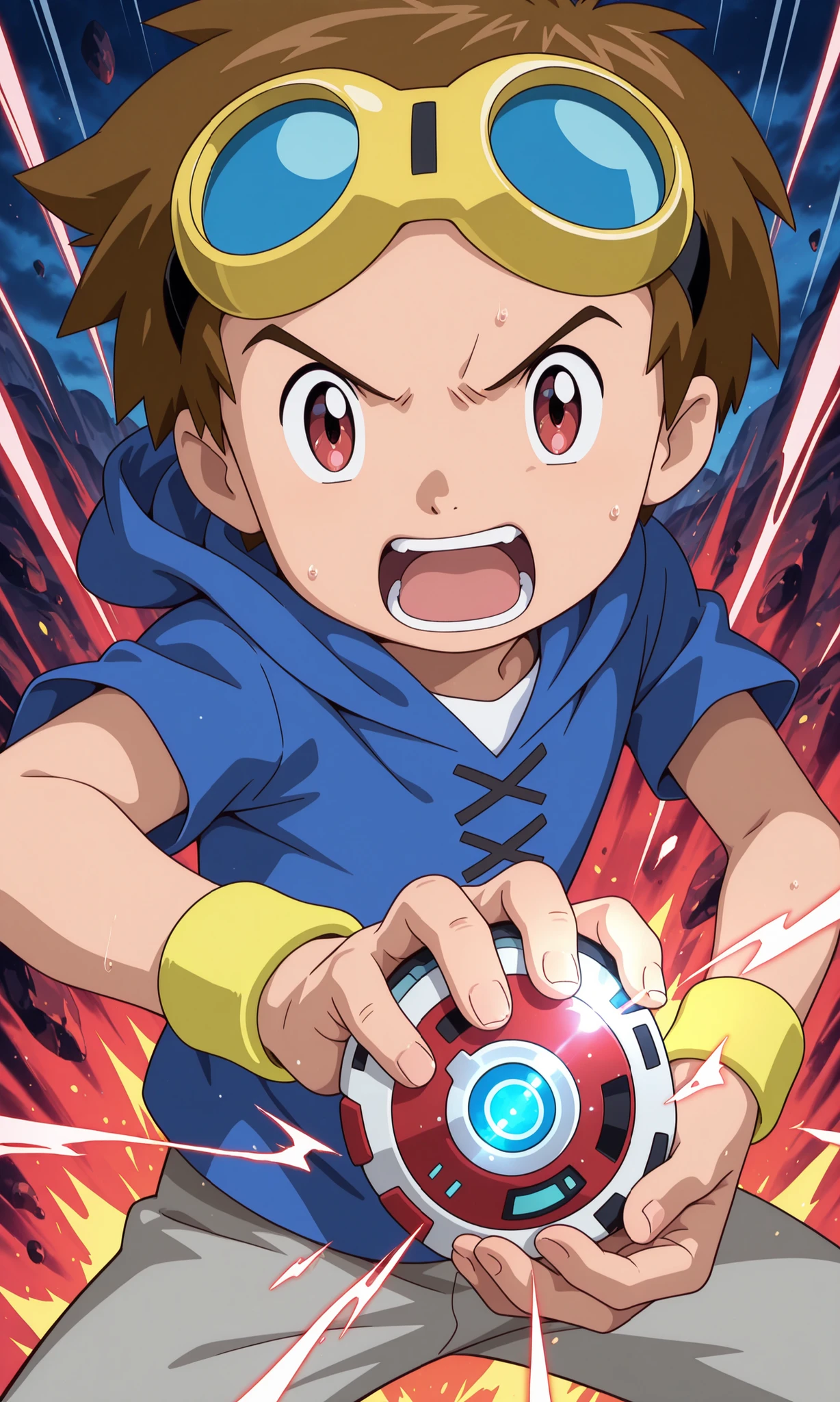 1boy,male focus,TakatoM, solo, brown hair, red eyes, goggles on head, blue hoodie, white shirt, short sleeves, yellow wristband,grey pants,detailed face, detailed eyes,determined eyes,open mouth,shouting,digivice d-power (white with red accents), hand holding a digivice (right hand),looking at viewer,portrait BREAK masterpiece, best quality, amazing quality