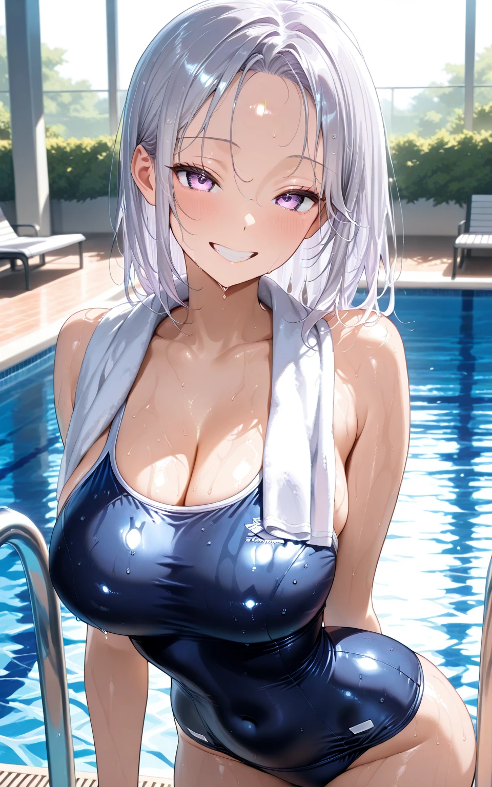 (((masterpiece))), ShizukaMikazuki, One Girl, alone, Make eye contact,Long Hair, Gray Hair, Long sleeve, Huge breasts,Cleavage, Large Breasts, Mature Body,clavicle, Jacket, Open clothes, open hoodie, Blue hoodie, Play sports often, blue eyes,Earrings ,Charm Choker,Sweat,High Ponytail, smile,Abdominal muscles,Increase breast size, Make your face a little smaller,Abdominal muscles,Exposed nipples,Exposed Pussy, Pool at night,Wet body and hair,Shoulder Tattoo,Open your lips,Hands behind back