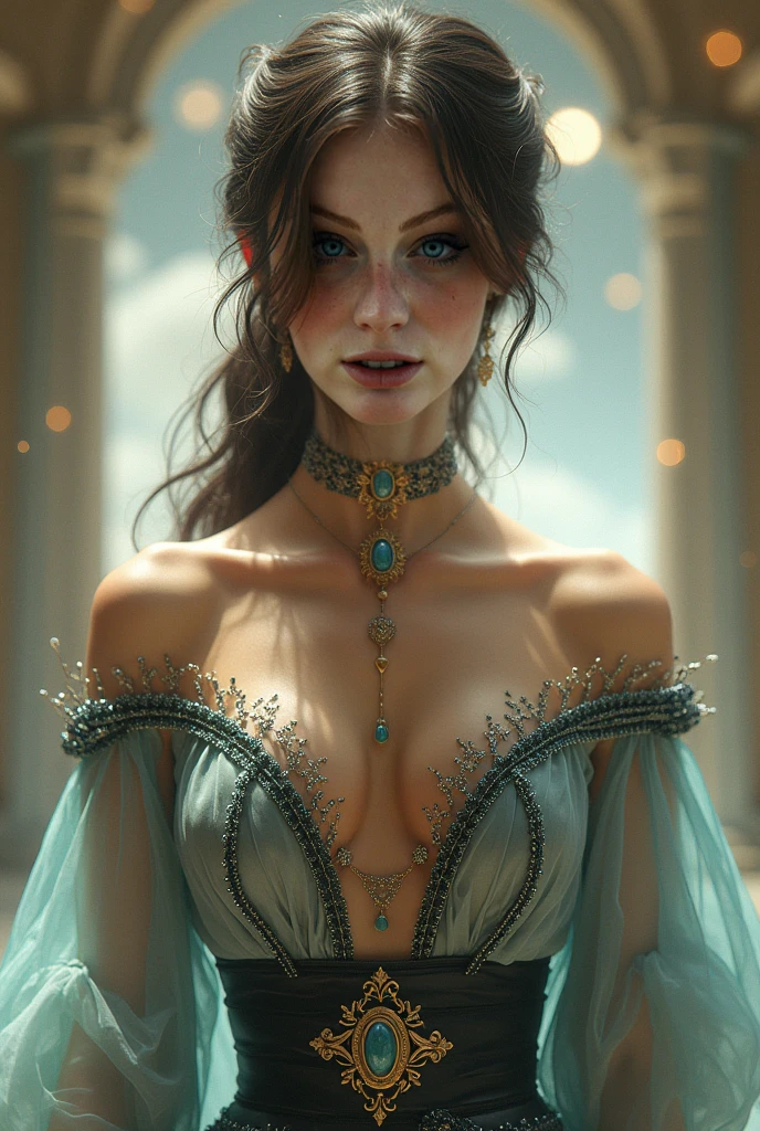 solo, 8k,(Noble and cool:1.2),darkelf,gauze skirt,full body shot portrait of a girl,messy hair,hair tied in bun,depth of field,medium breastsdetailed old ornate church,dolorous expression,Albert LynchSoft Lighting,