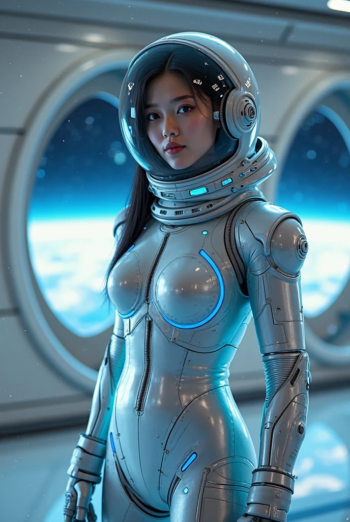 Japanese girl, very beautiful, large eyes, sensual lips,goddess body, with futuristic suit, in spaceship, background planets in the sky, photographic quality, very realistic. 