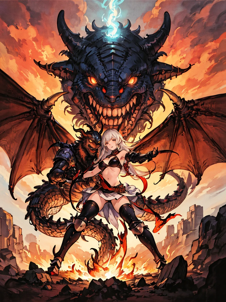 A Dragon monster with a blade tail and claws violet wings with 12ft taill holding a girl by her neck as she bleeds (background: a ruin city on fire)