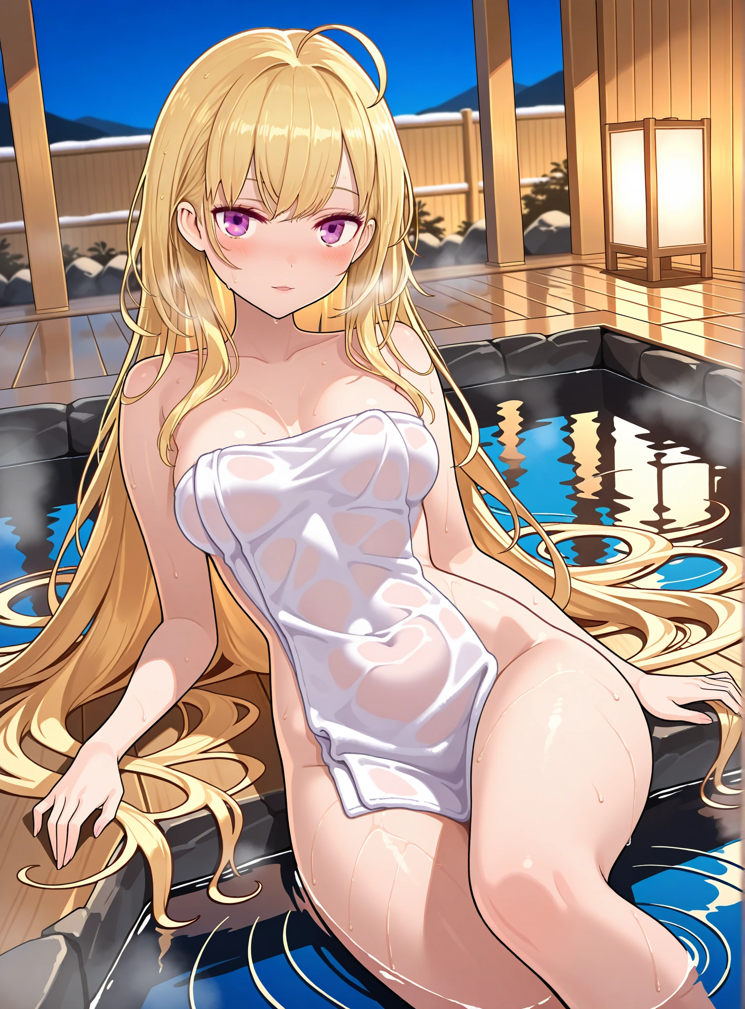 1girl, Blonde hair, Pink eyes, sportrait, photorealestic, Towels, (onsen), sidelighting, wallpaper, nsfw,
