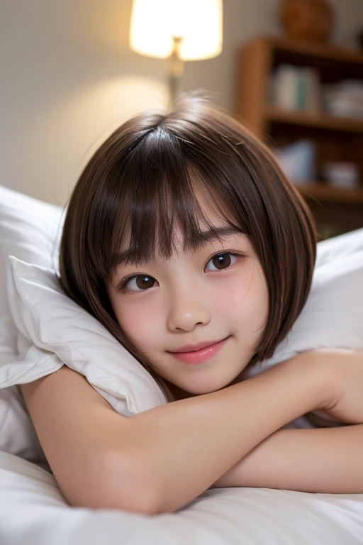 One girl, Fluffy short hair,Black Hair,smile,Inside the room, summer,pink,Sleeveless,button,Bed,Lying on your back,Innocence,5th grade elementary school,Look here,Close-up of a small valley in the chest,, (masterpiece, Highest quality), Soft Light, Structure of the film, Like a movie