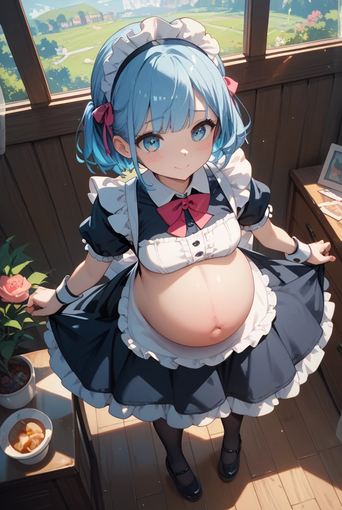 2 22-year-old girls, Blue Hair, Long double ponytail, Pink shirt, Fluffy collar, White fluffy skirt, White ribbon on hair, Lots of hair accessories, Lolita，(Pregnant，Huge breasts：1.8)，Room