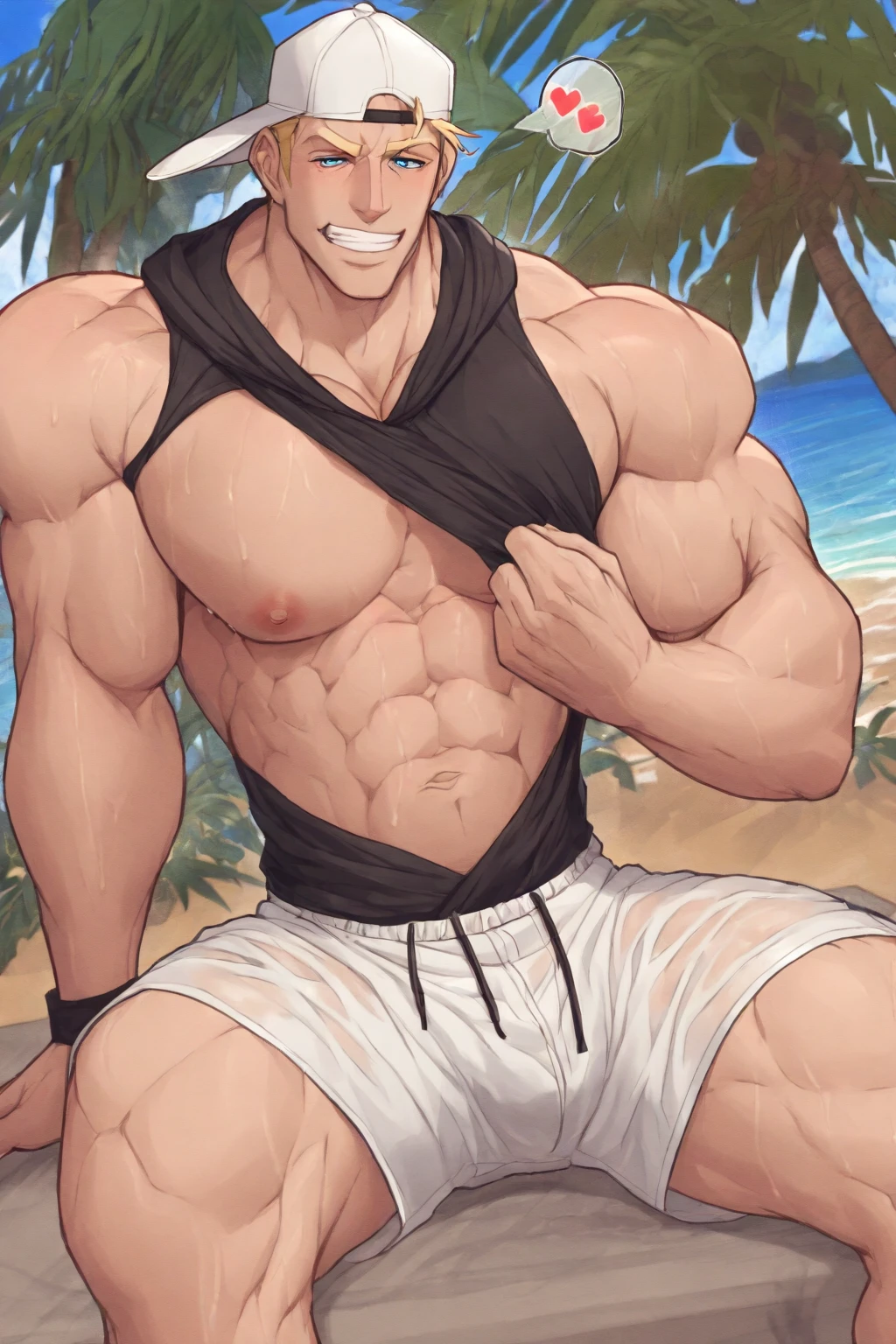 1 male, white hair, red eyes, short hair, muscular, sitting on chair, ((holding popsicle )), popsilce melting, white (tank top:1.3), black shorts, in backyard, sunglasses, lifting tank top with a hand, bulge in shorts, glasses slightly down to show eyes, hard penis inside shorts bulge