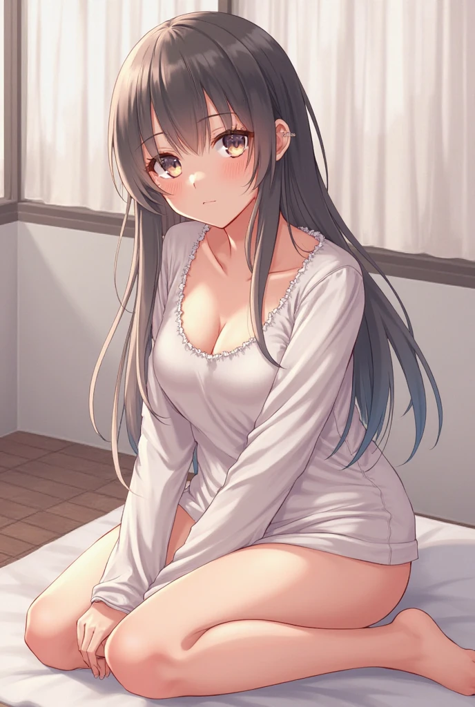 Full naked girl、white sheets、A dark-haired、Medium bob、Shy face、A smile、medium chest、hiding body with sheets