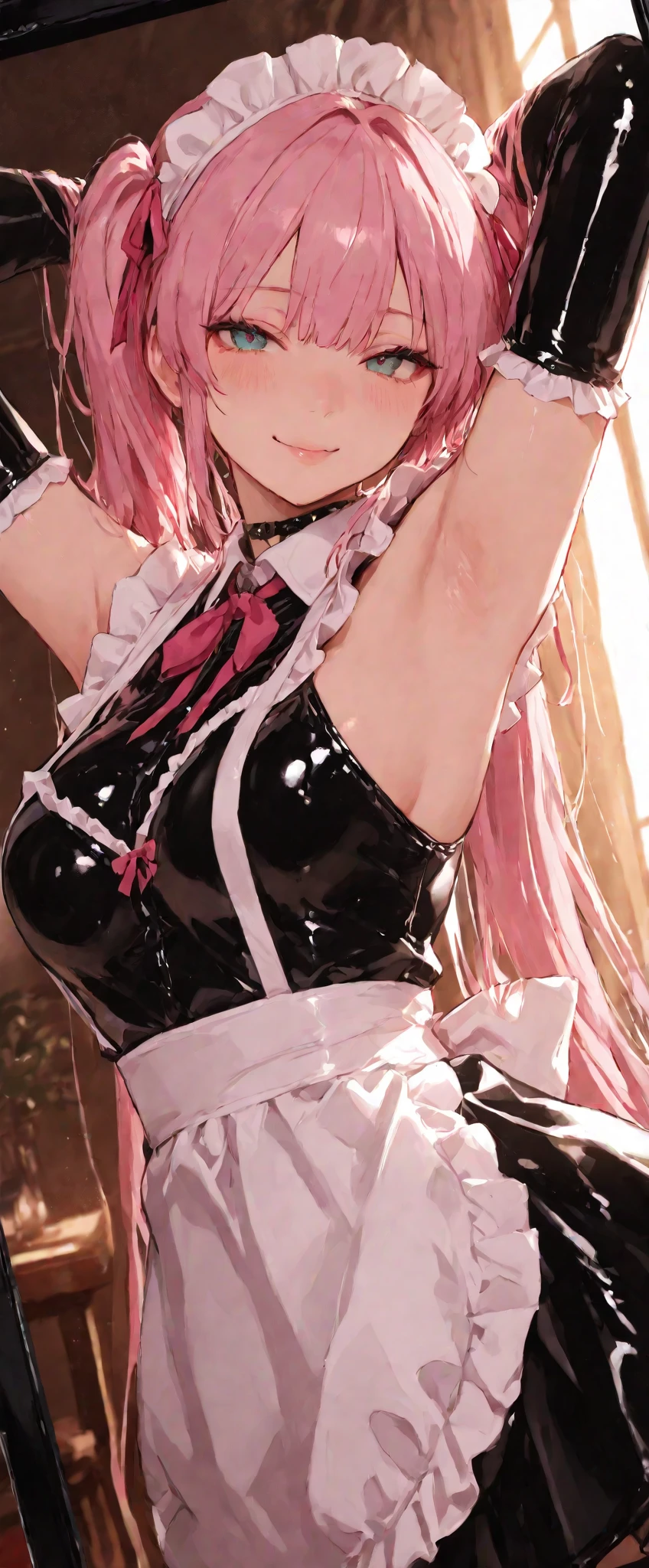 Perfect human body modeling, 1girl, small breasts, beautiful girl, cute girl and idol face, young face, smile, Beautiful long pink hair, twintails, Beautiful shining red eyes, white skin, Short body, 2B, Nier automate dressing in costume, esp. as a manga character, etc