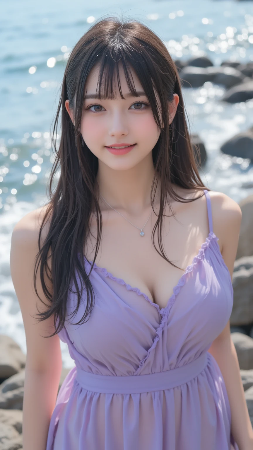 (masterpiece, Highest quality:1.3), (Super detailed:1.2), (hyperRealistic:1.3), (RAW Photos:1.2),High-definition RAW color photos, Professional photos, (PhotoRealistic:1.4), (Realistic:1.4), ,Professional Lighting, (Japanese), Beautiful Face, (Realistic face), Cute Woman, (Brown Hair, Big Breasts:1.5), (Bright smile:1.5), Trending Hair&Trending Hairカラーをランダムに, Earrings, necklace, bracelet, Sexy, erotic Sexy, Random sexy gravure poses, (A woman in a pink summer dress、She is smiling happily and posing sexy while eating ice cream at a beach cafe.。Brown Hairのウェーブヘアが風に揺れている。:1.3)