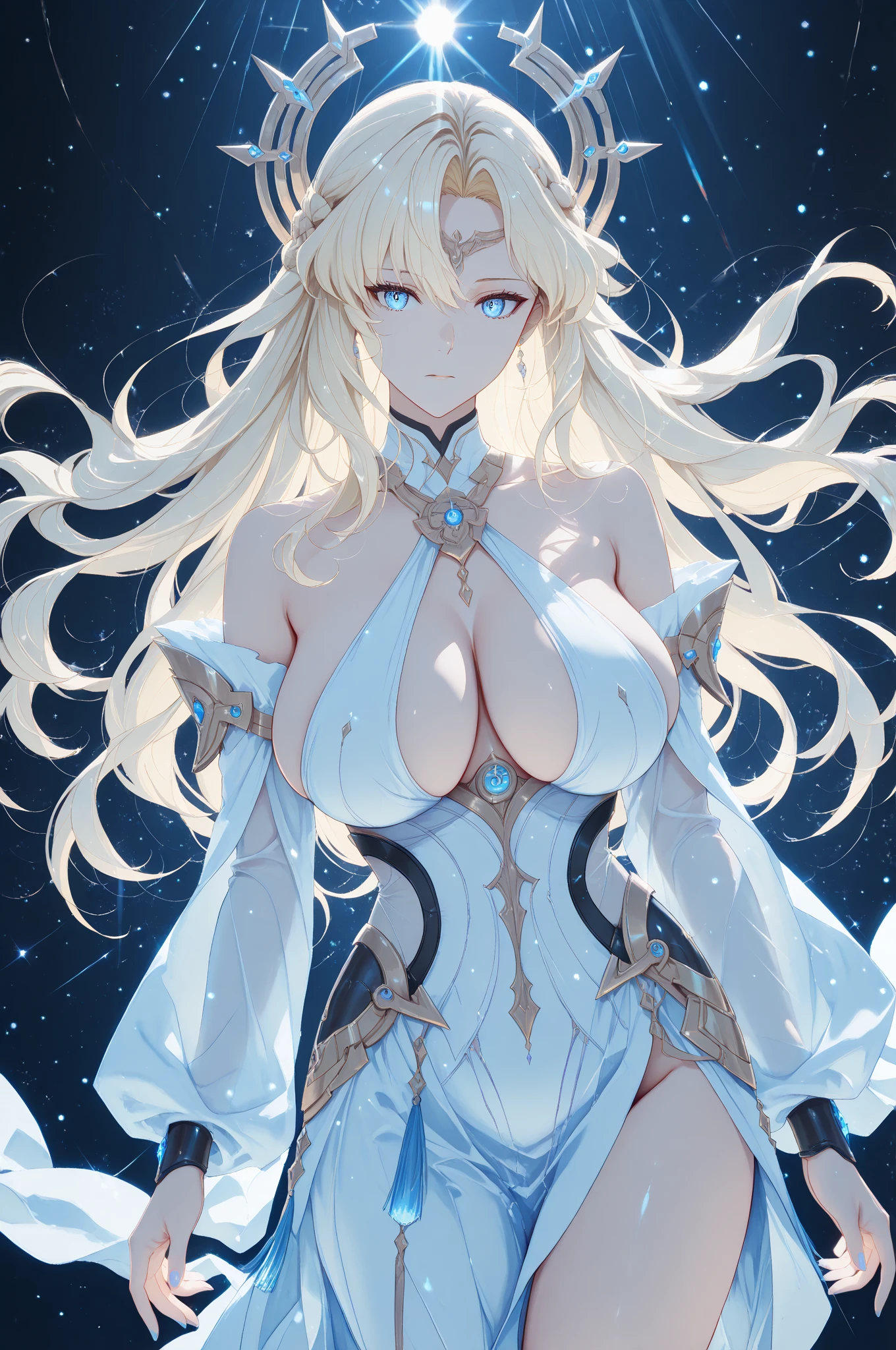 adult elf woman, White skin, Long loose blonde hair, blue eyes, She wears an elegant white dress with a little cleavage but not too revealing, calm look and expression, good figure 