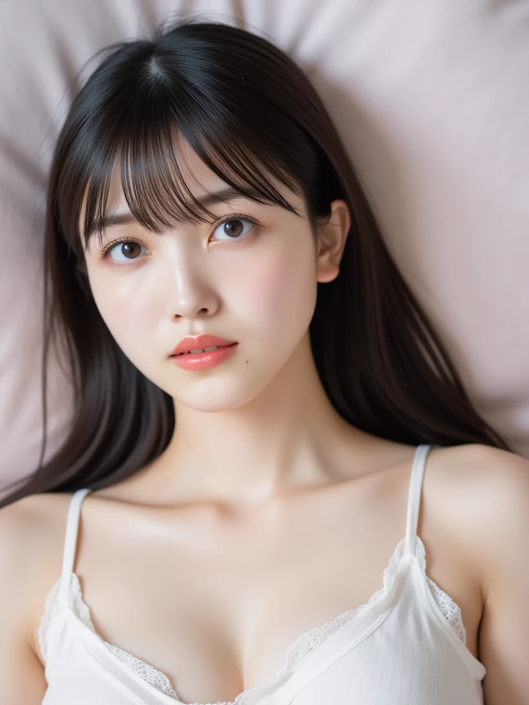 masutepiece, Best Quality, 8K, 10yaers old, Teen, Raw photo, absurderes, award winning portrait, Smile, Solo, Idol face, Delicate girl, Upper body, Digital SLR, Looking at Viewer, Candid, Sophisticated, Thin arms, Professional Lighting, Film grain, chromatic abberation, (Eyes and faces with detailed:1.0), (Bokeh:1.1) , Distant perspective , bed , laying on back , Perspective from above , closes mouth , Soccer Uniforms , A dark-haired , dishevled hair, tiny chest , Dressing